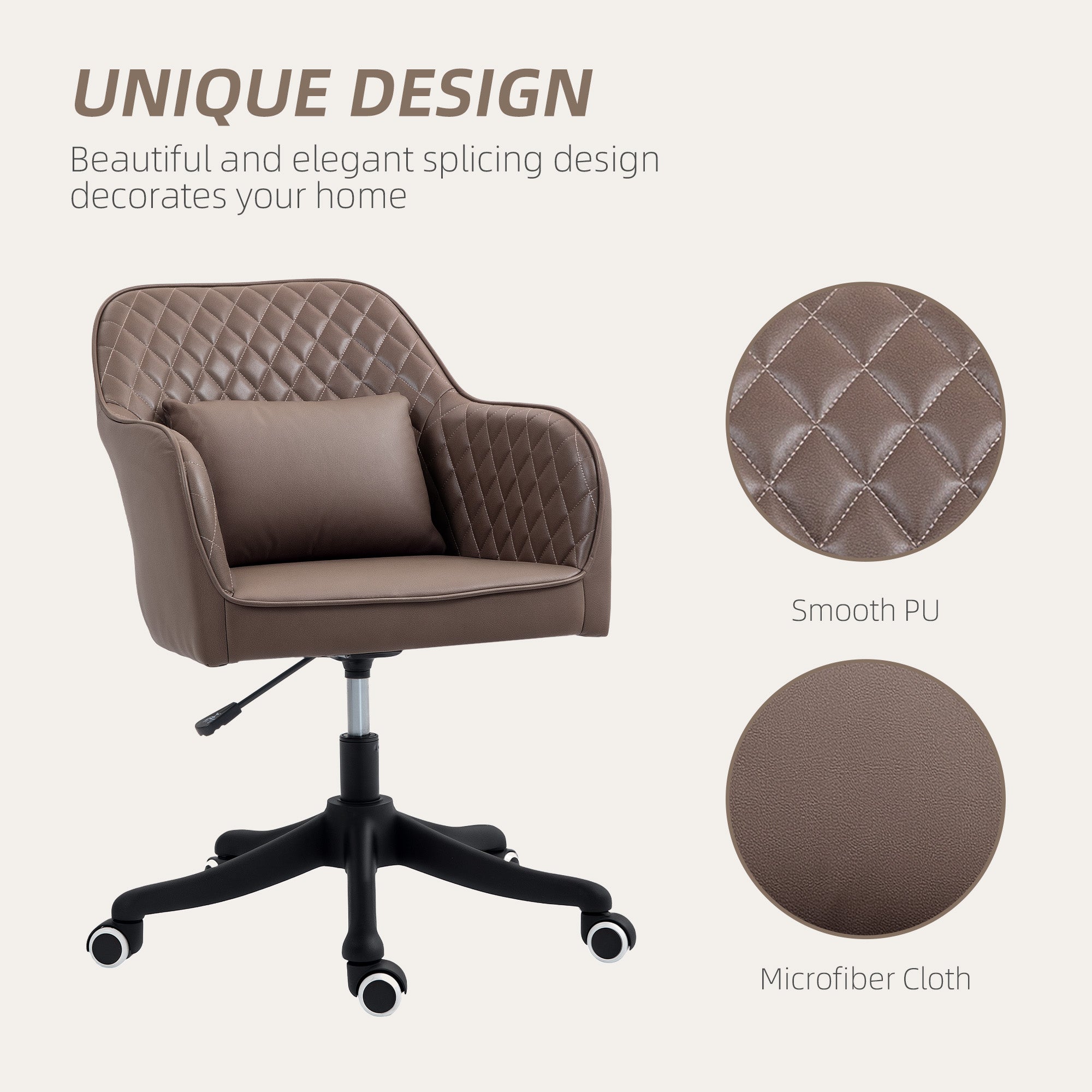 Vinsetto Microfiber Office Chair, Desk Chair, Makeup Vanity Chair with Massage Lumbar Pillow and Rolling Wheels for Bedroom and Home, Brown - North Peak Garden Furniture