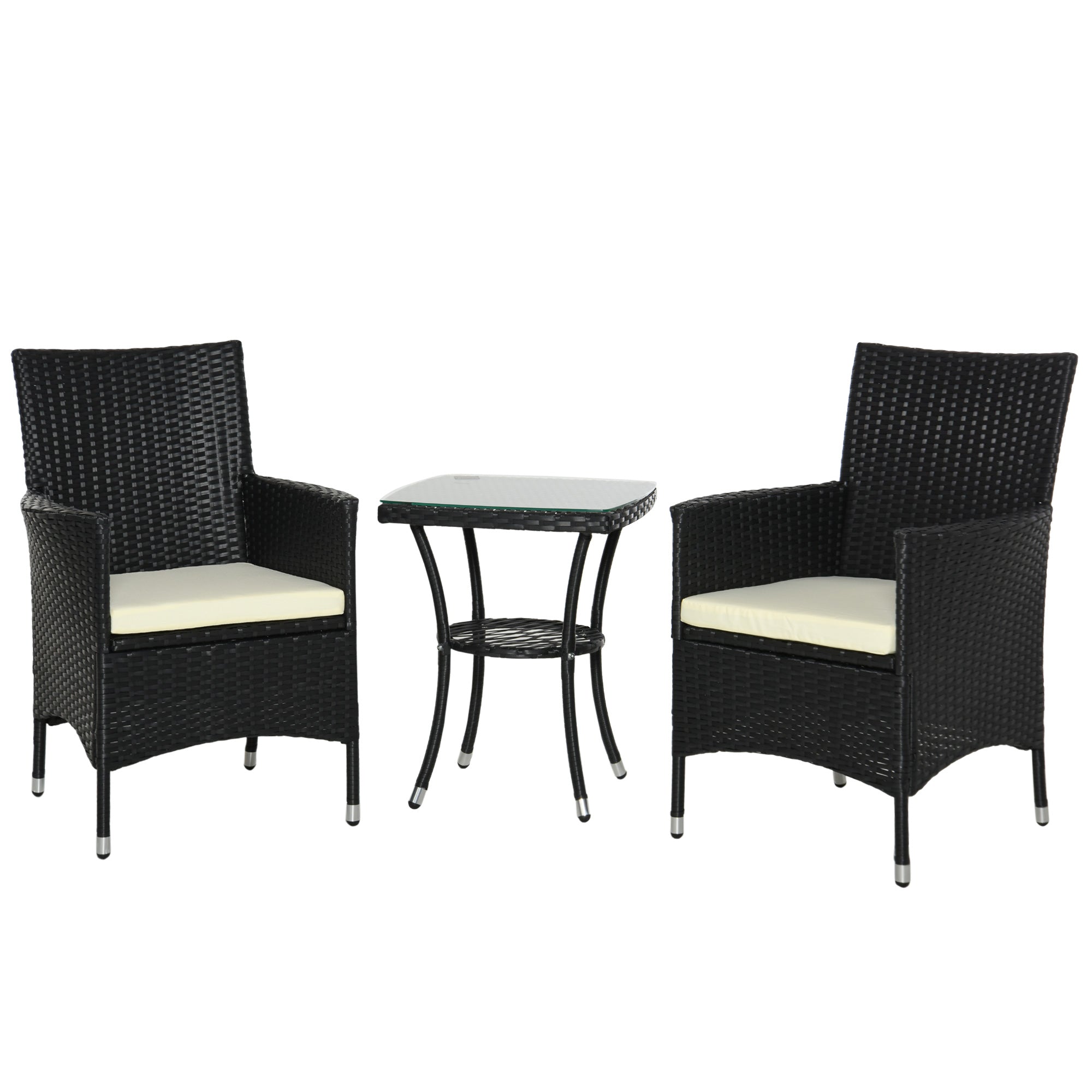 Outsunny 3 Pieces Rattan Bistro Set, Wicker Garden Furniture Set with 2-Tier Coffee Table and Chairs, Cushions, for Outdoor Patio Balcony, Black - North Peak Garden Furniture