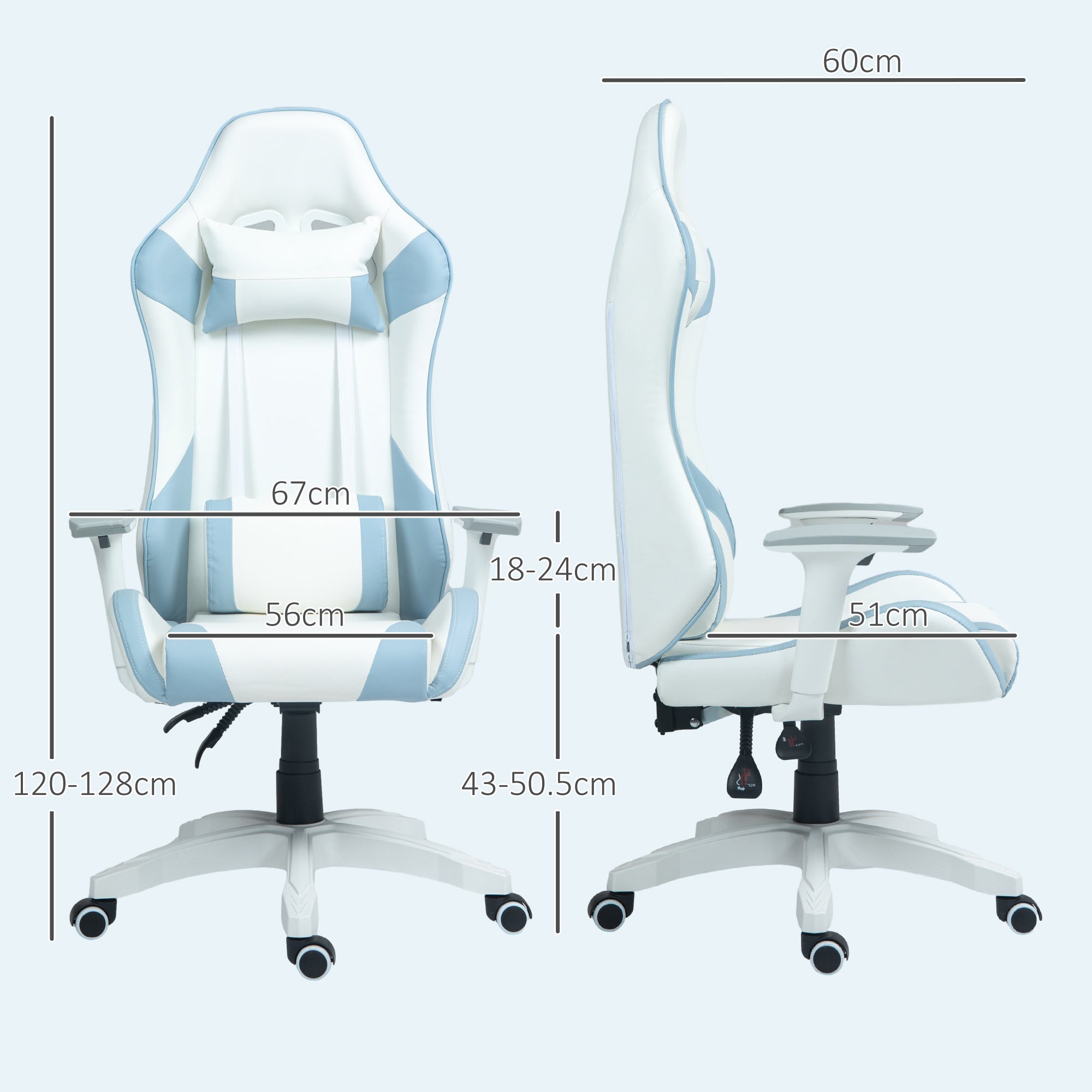 HOMCOM Faux Leather Colour Block Gaming Chair, with 135° Reclining Back - Blue/White - North Peak Garden Furniture