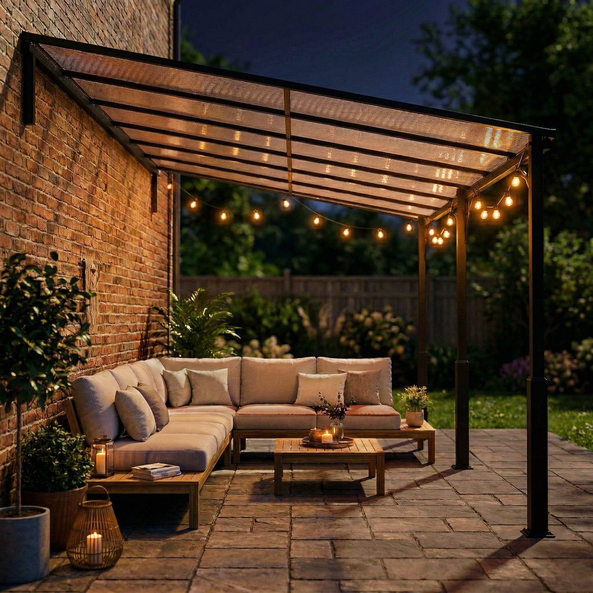 Outsunny 4 x 3 m Metal Lean-to Pergola, Wall-Mounted Garden Pergola with Polycarbonate Roof and Metal-Aluminium Frame, Heavy Duty Hardtop Gazebo for Outdoor Patios, BBQ, Brown