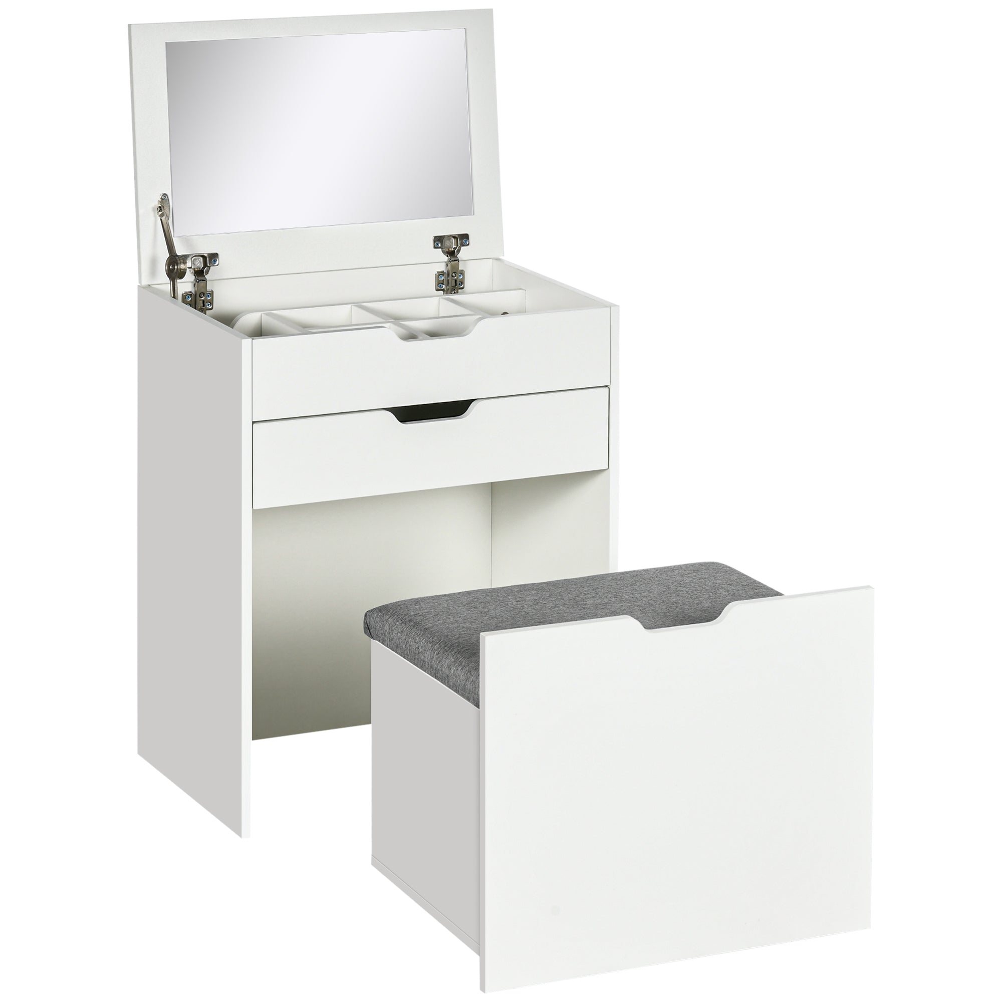 HOMCOM Dressing Table with Flip-up Mirror and Storage Stool, Vanity Table with Drawer and Hidden Compartments for Bedroom, Living Room, White - North Peak Garden Furniture