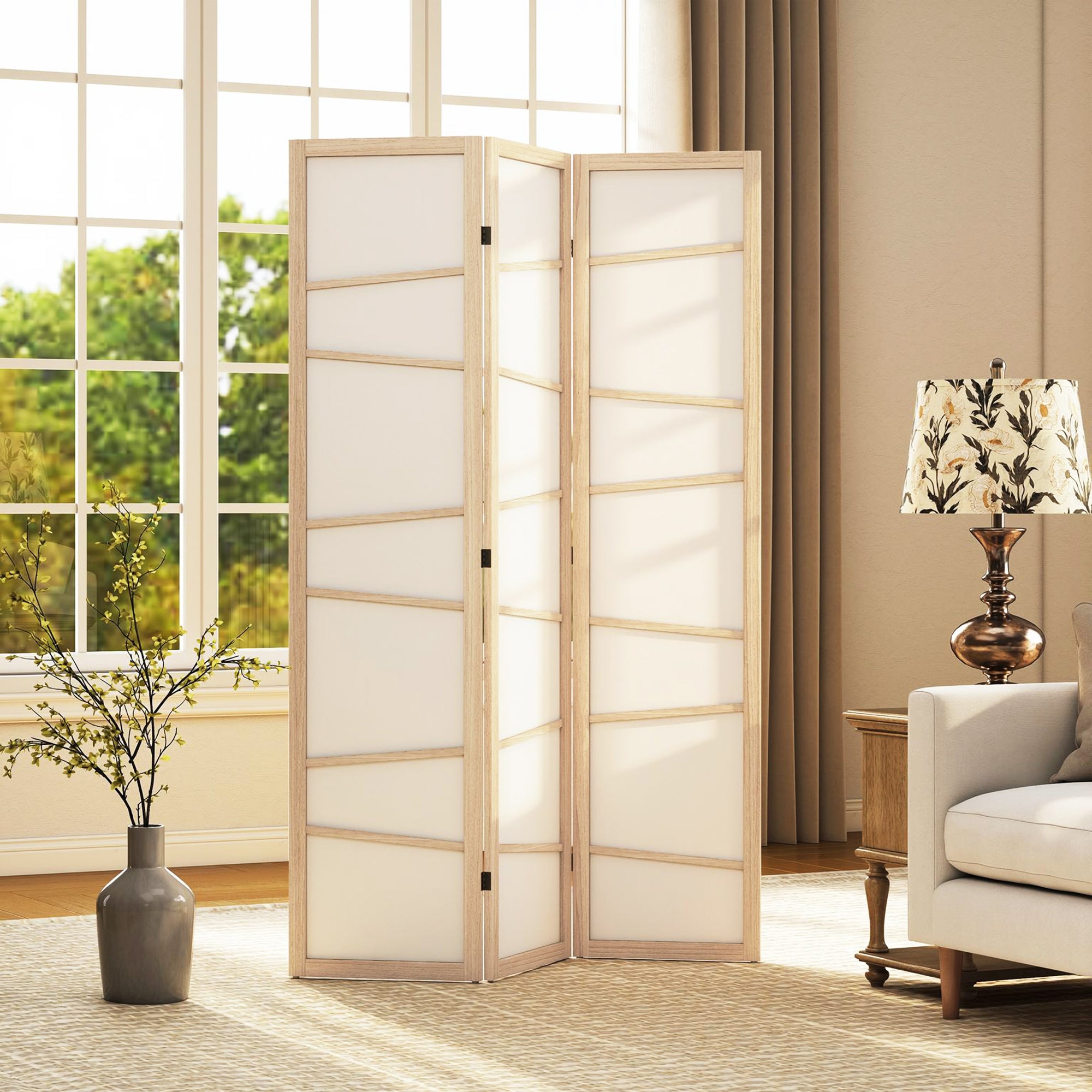 HOMCOM Wooden Folding Privacy Screen, 3 Panel Room Divider for Bedroom, Natural Wood Finish