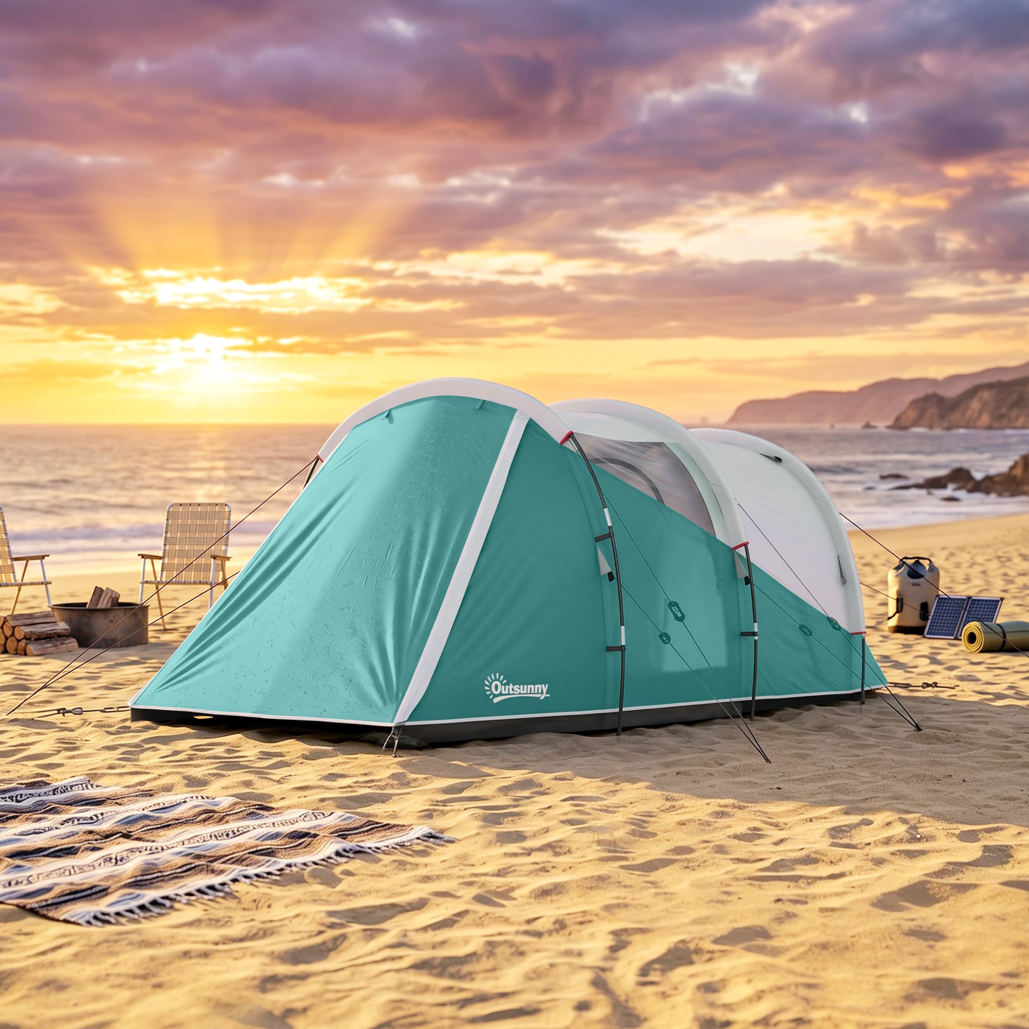 Outsunny Three-Man, 3000mm Water-Resistant Two-Room Tunnel Tent - Green