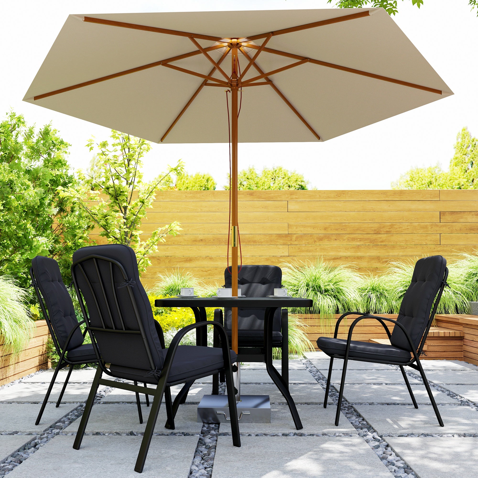 Outsunny 5 Pieces Outdoor Square Garden Dining Set w/ Tempered Glass Dining Table 4 Cushioned Armchairs, Umbrella Hole, Black