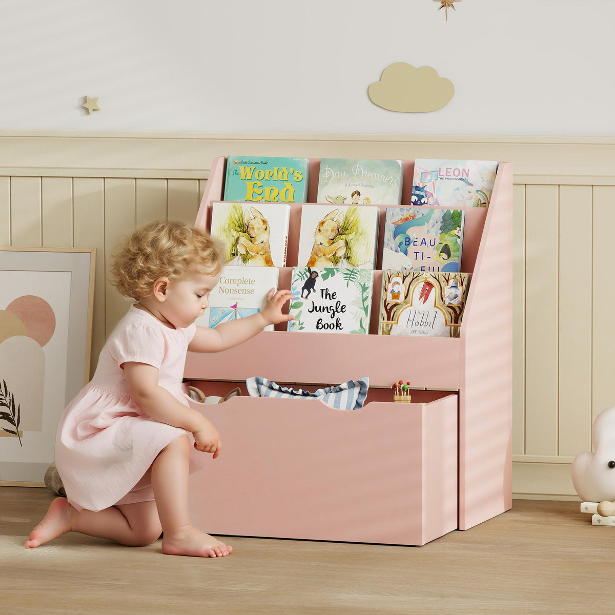 AIYAPLAY Bookcase for Kids with Shelves, Drawer, Bookcase for Bedroom, Playroom, Pink