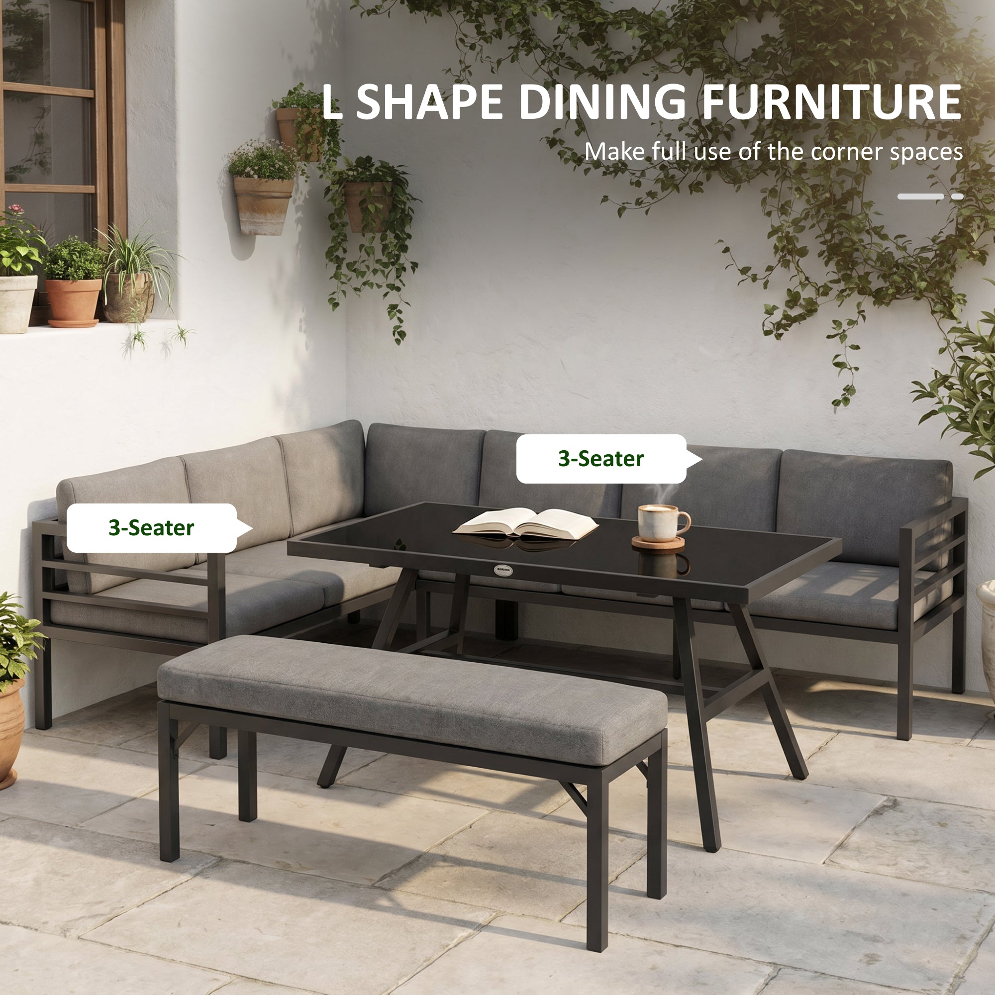 Outsunny 4 Piece L-shaped Garden Furniture Set 8-Seater Aluminium Outdoor Dining Set Conversation Sofa Set w/ Bench, Dining Table & Cushions, Grey
