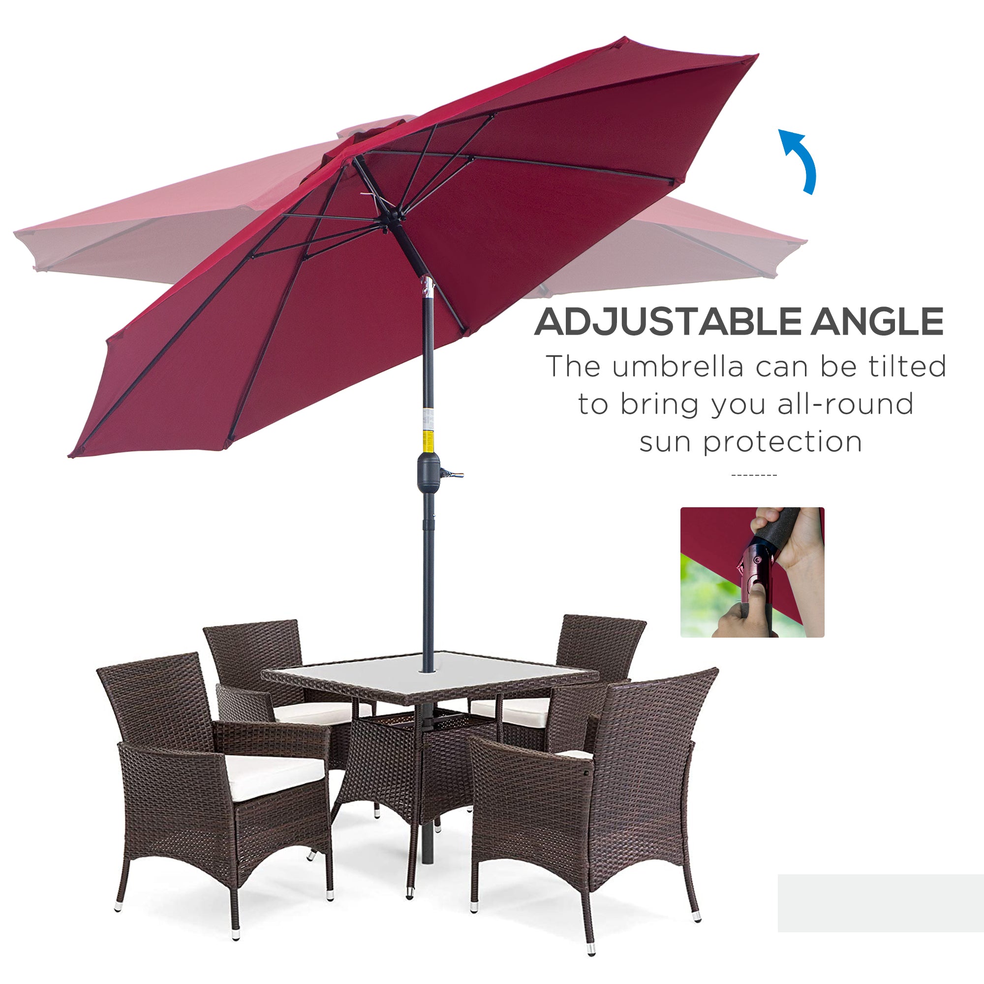 Outsunny 2.7M Garden Parasol Umbrella with Glass Fibre Ribs and Aluminium Frame, Tilting Sun Shade Shelter Canopy, Wine Red - North Peak Garden Furniture