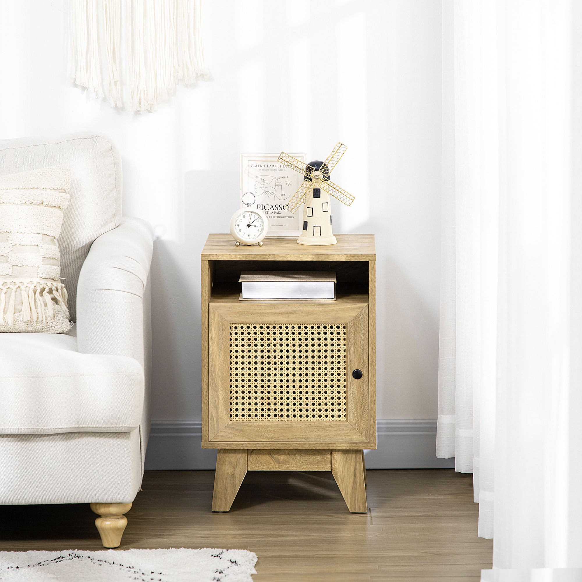 HOMCOM Bedside Table with Rattan Element, Side End Table with Shelf and Cupboard, 39cmx35cmx60cm, Natural - North Peak Garden Furniture