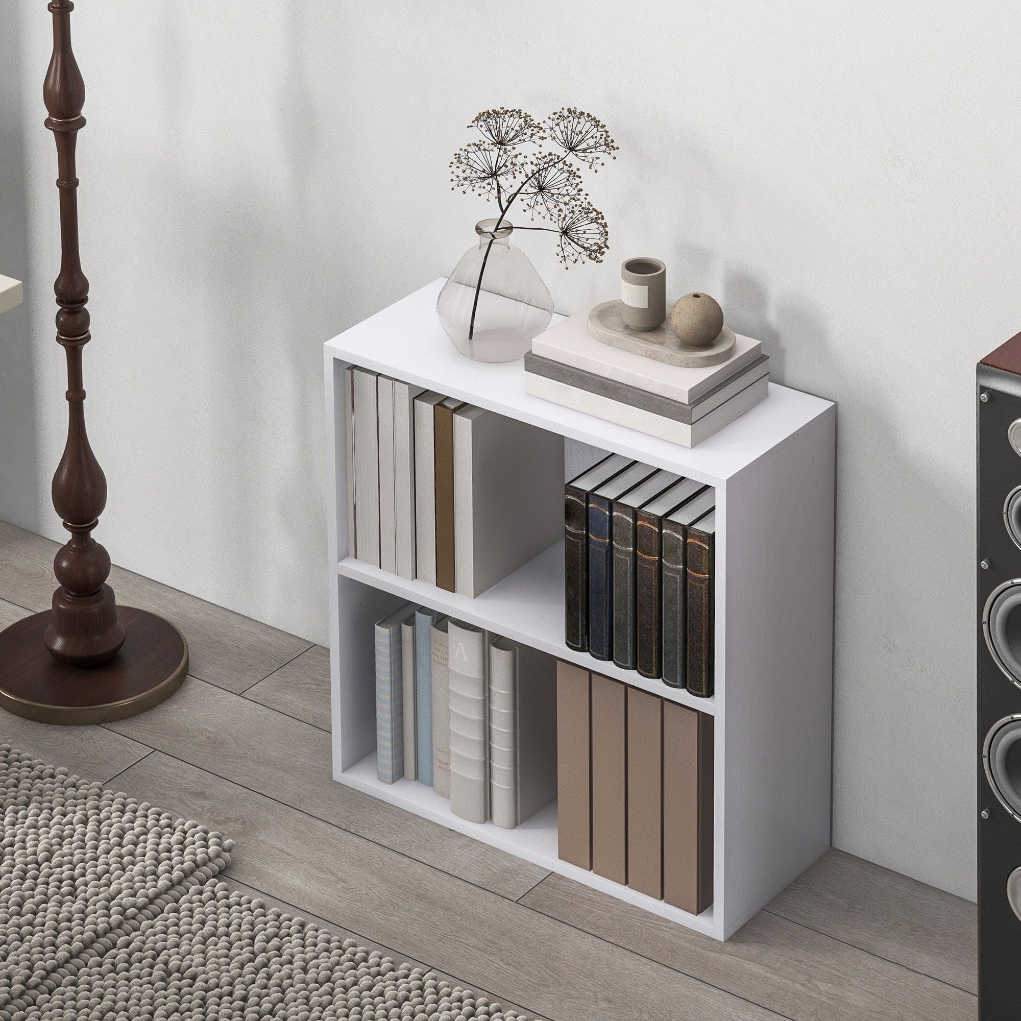 HOMCOM 2 Tier Bookshelf, Low Bookcase with Adjustable Shelf, 2 Compartments for Home Office, Living Room, Study, White - North Peak Garden Furniture