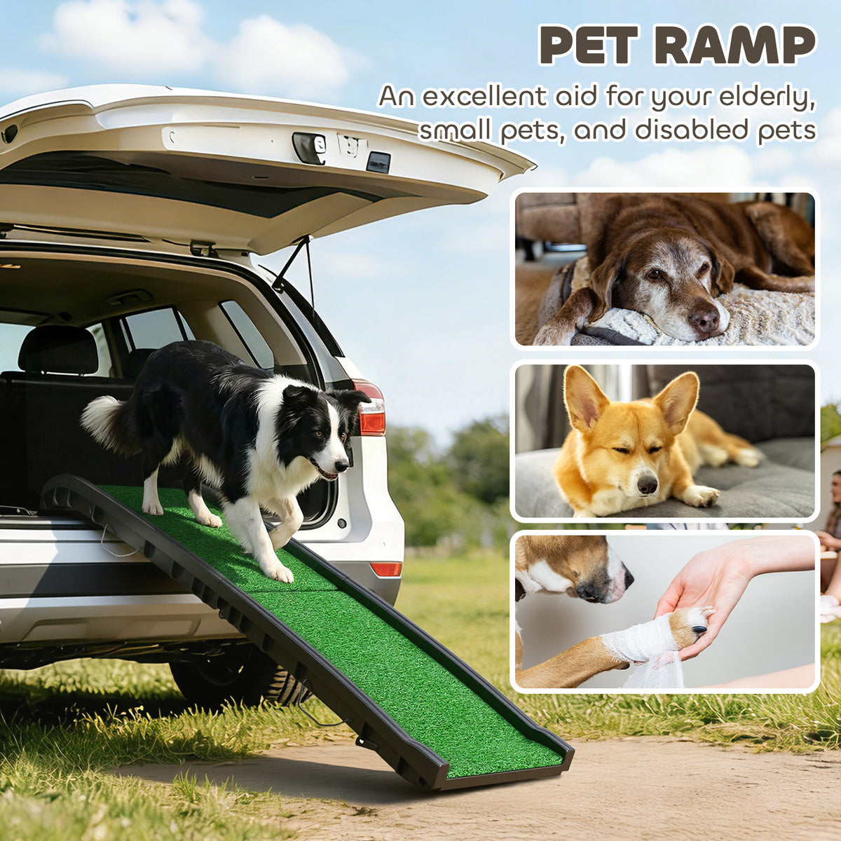 PawHut Foldable Dog Ramp with Artificial Anti-slip Surface, Portable & Lightweight, for Cars, Home, 155 x 38.5 x 15.5 cm