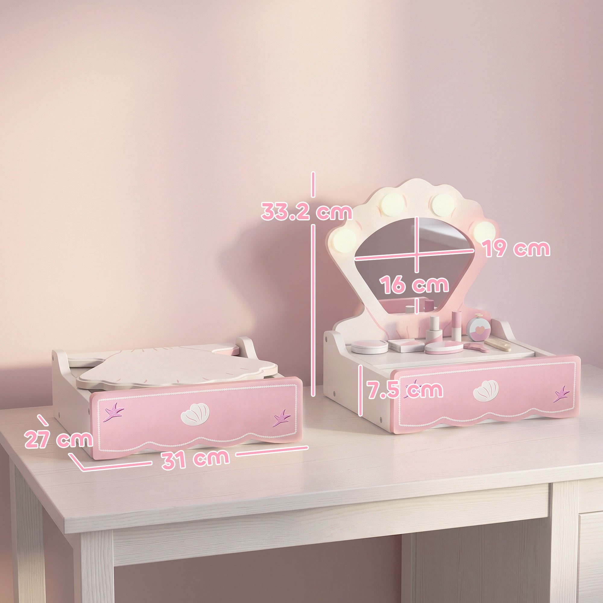 AIYAPLAY Kids Dressing Table, Portable Vanity Table with Lights, Mirror, Drawer, Accessories, Gift for 3-6 Years