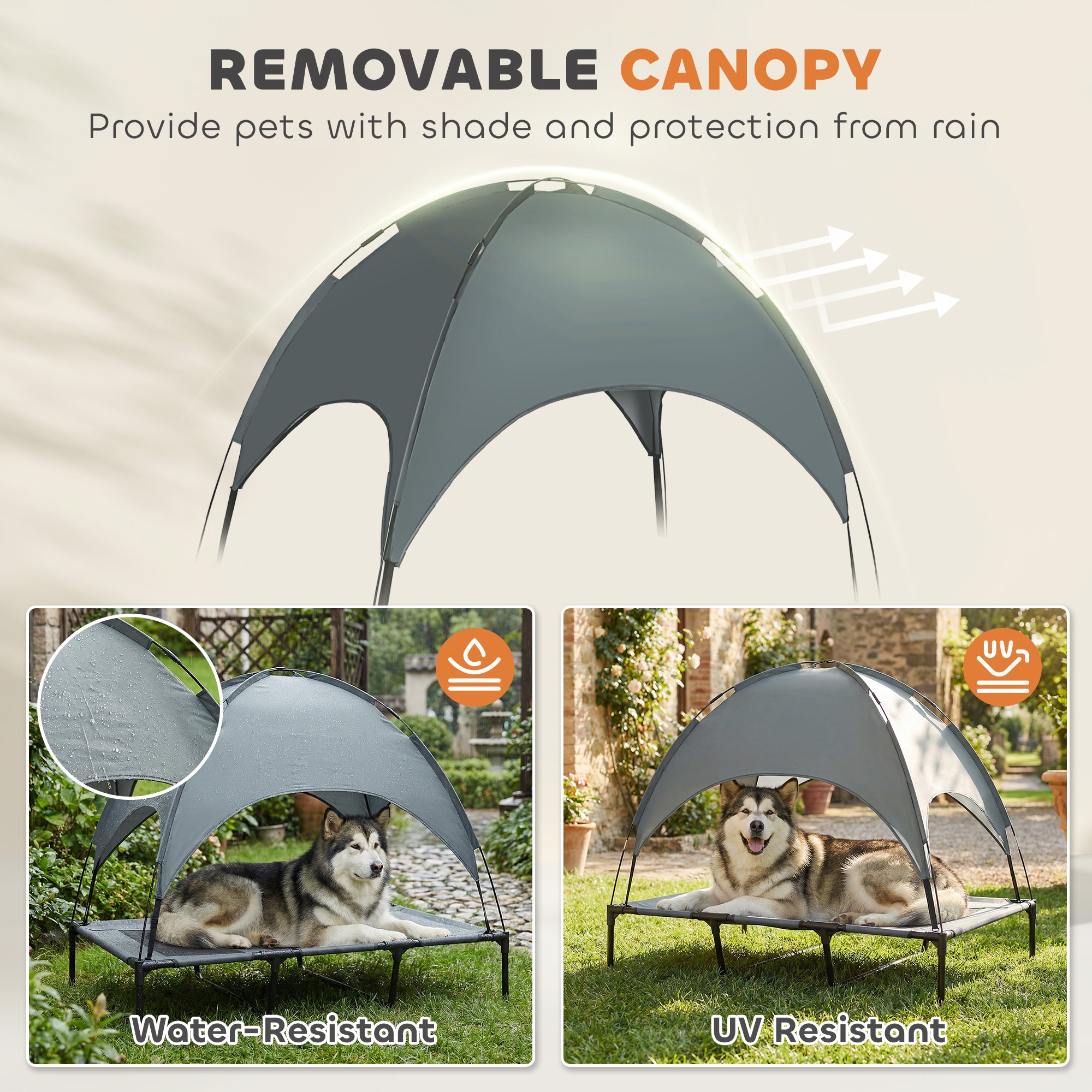 PawHut Raised Dog Bed Waterproof Elevated Pet Cot with Breathable Mesh UV Protection Canopy Grey, for XL Dogs, 122 x 92 x 108cm