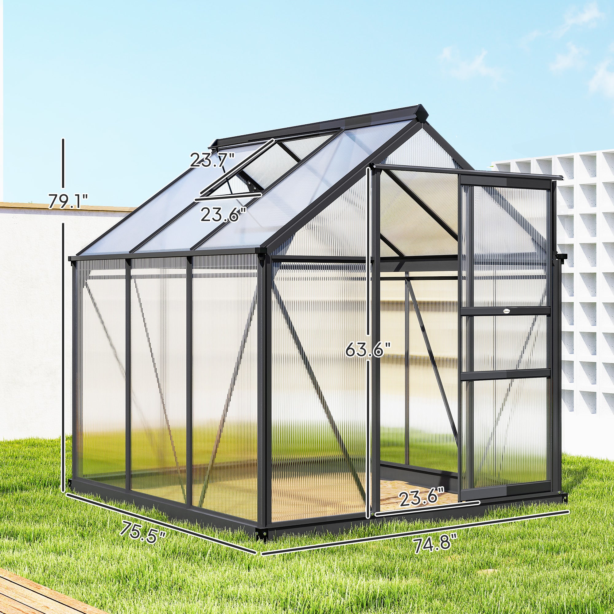 Outsunny 6 x 6ft Polycarbonate Greenhouse, Large Walk-In Green House with Slide Door and Window, Garden Plants Grow House with Aluminium Frame and Foundation, Grey