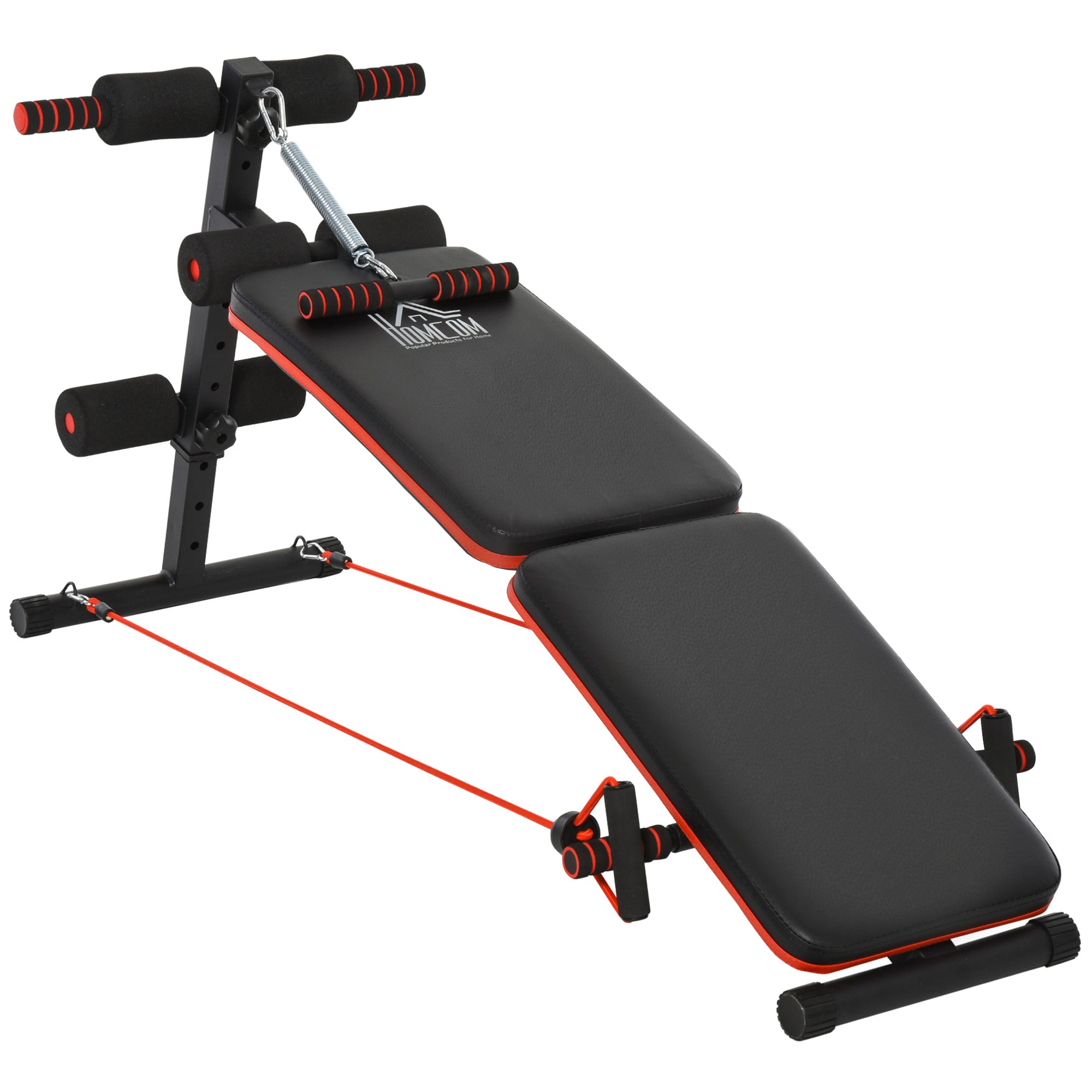 HOMCOM Sit Up Bench Core Workout Adjustable Thigh Support Foldable for Home Gym w/ Arm Pulling Rope Black - North Peak Garden Furniture