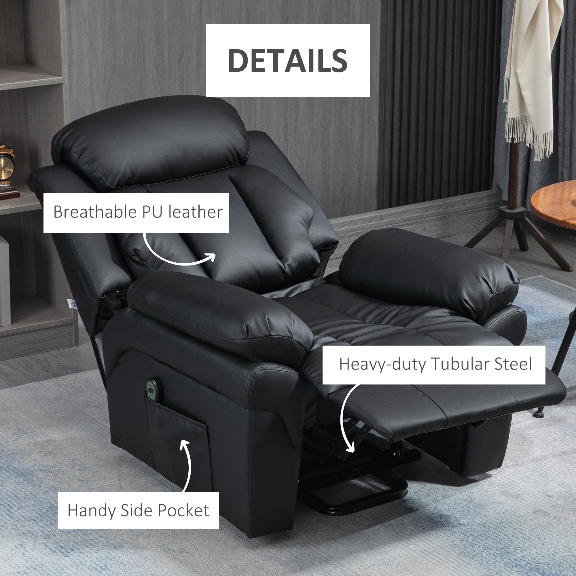 HOMCOM Power Lift Recliner Armchair, Electric Lift Chair for Elderly, Overstuffed Faux Leather, Riser and Reclining Chair with Remote Control, Side Pockets, Extended Footrest, for Living Room, Black - North Peak Garden Furniture