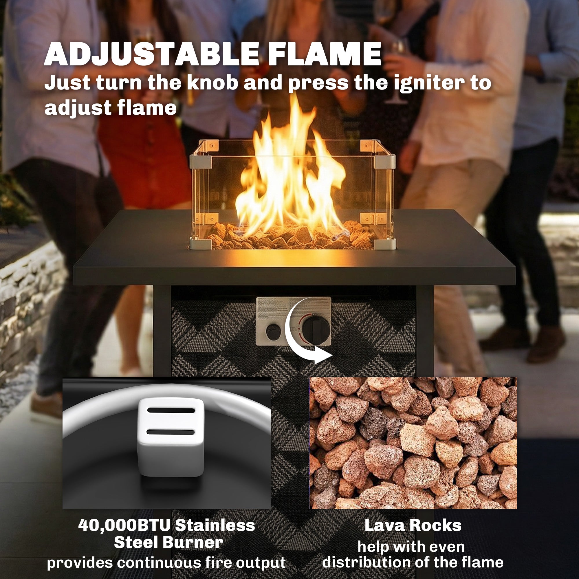 Outsunny Square Propane Gas Fire Pit Table,12 KW Firepit Outdoor Patio Heater with Glass Wind Guard, Lava Rocks, Gas Tank Holder