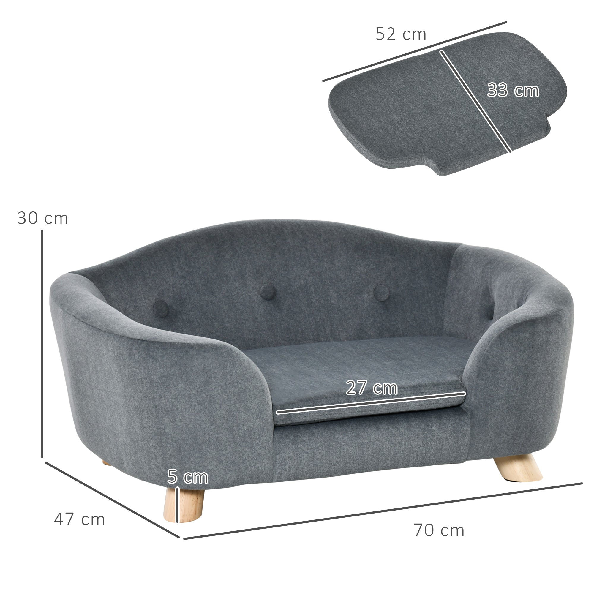 PawHut Dog Sofa Bed Pet Chair Couch with Water Resistant Fabric, Kitten Lounge with Soft Cushion Washable Cover, Wooden Frame for Mini Size Dogs - Grey - North Peak Garden Furniture