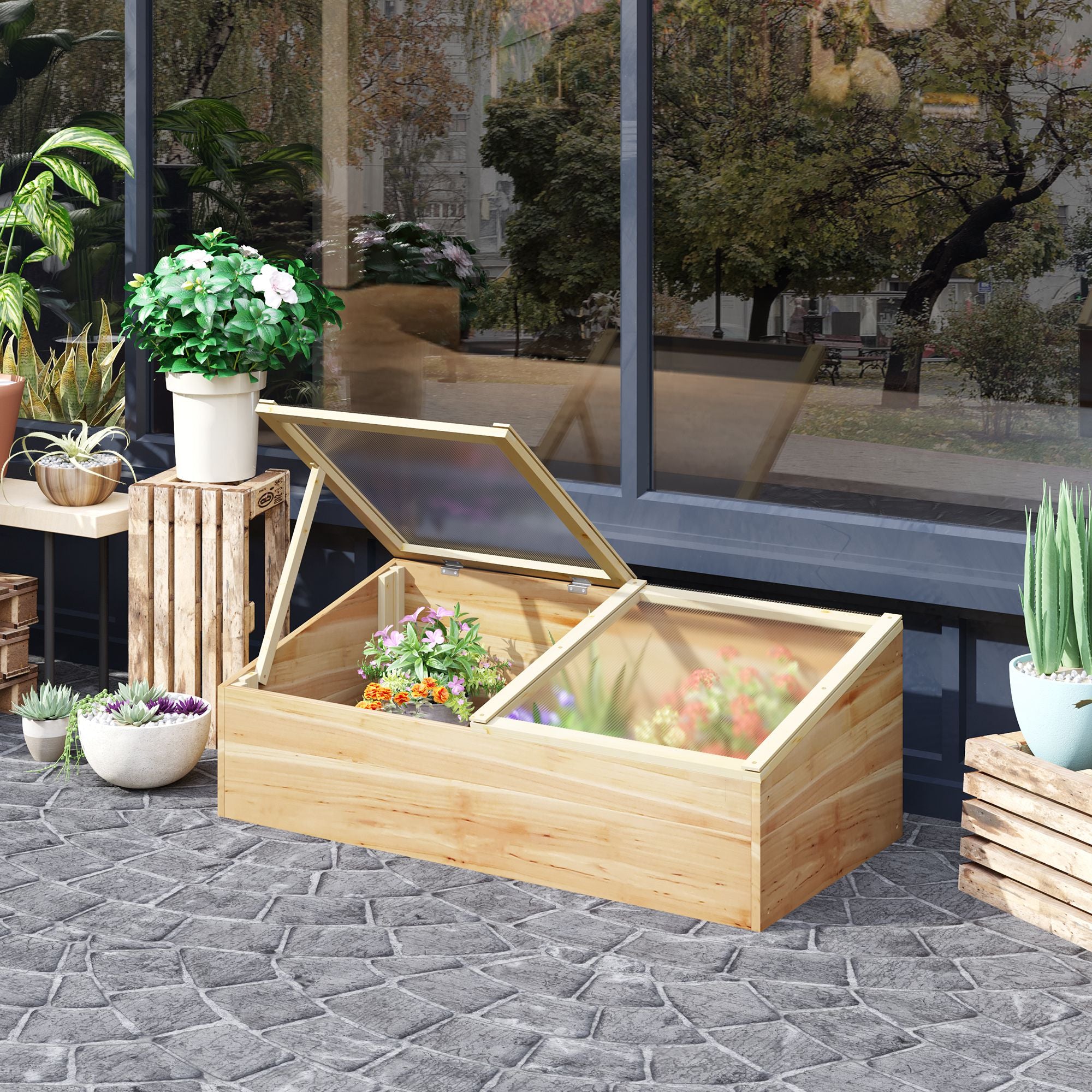 Outsunny Wooden Cold Frame Greenhouse Garden Polycarbonate Grow House with Independent Openable Top Covers for Flowers, Vegetables, Plants, 100 x 50 x 36 cm, Natural - North Peak Garden Furniture
