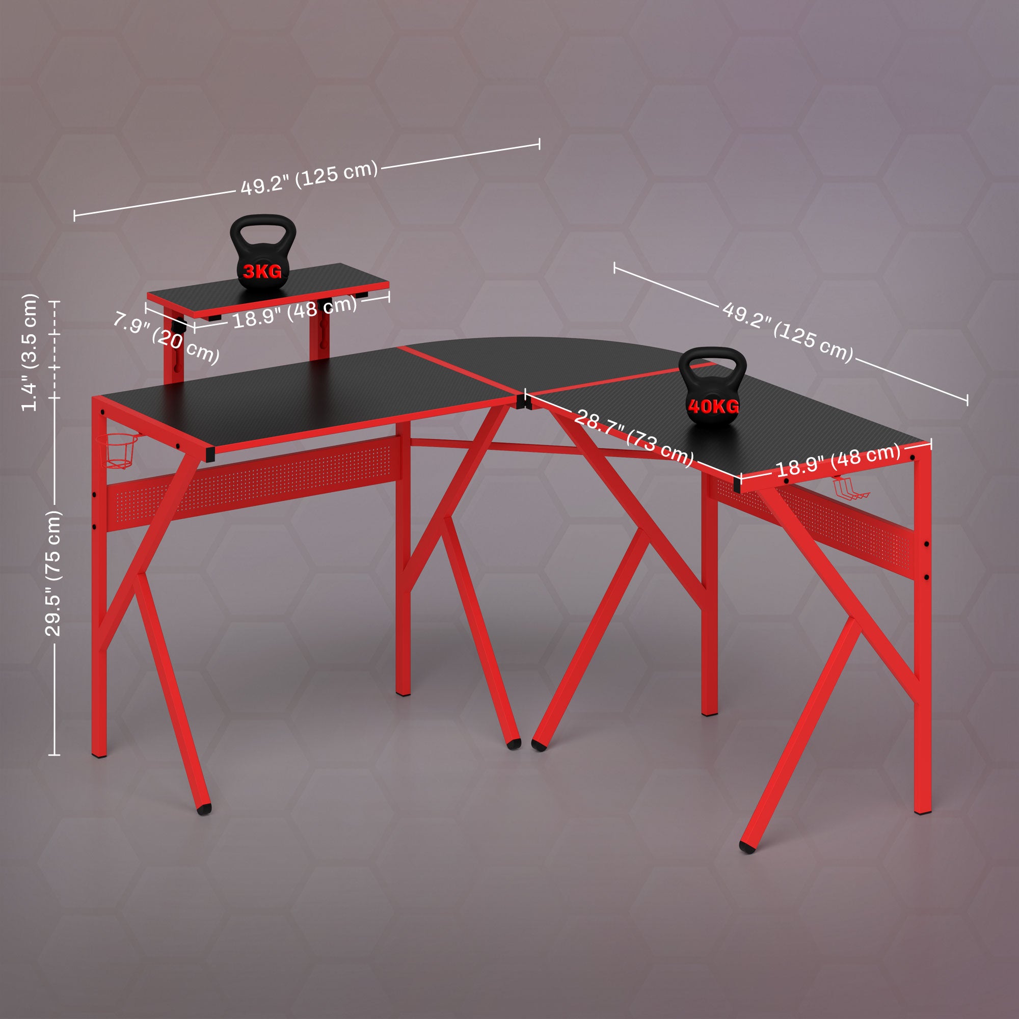 HOMCOM Gaming Desk L-Shaped Corner Computer Table for Home Office PC Workstations with Adjustable Monitor Stand Cup Holder Headphone Hook 125x125x75cm, Red - North Peak Garden Furniture