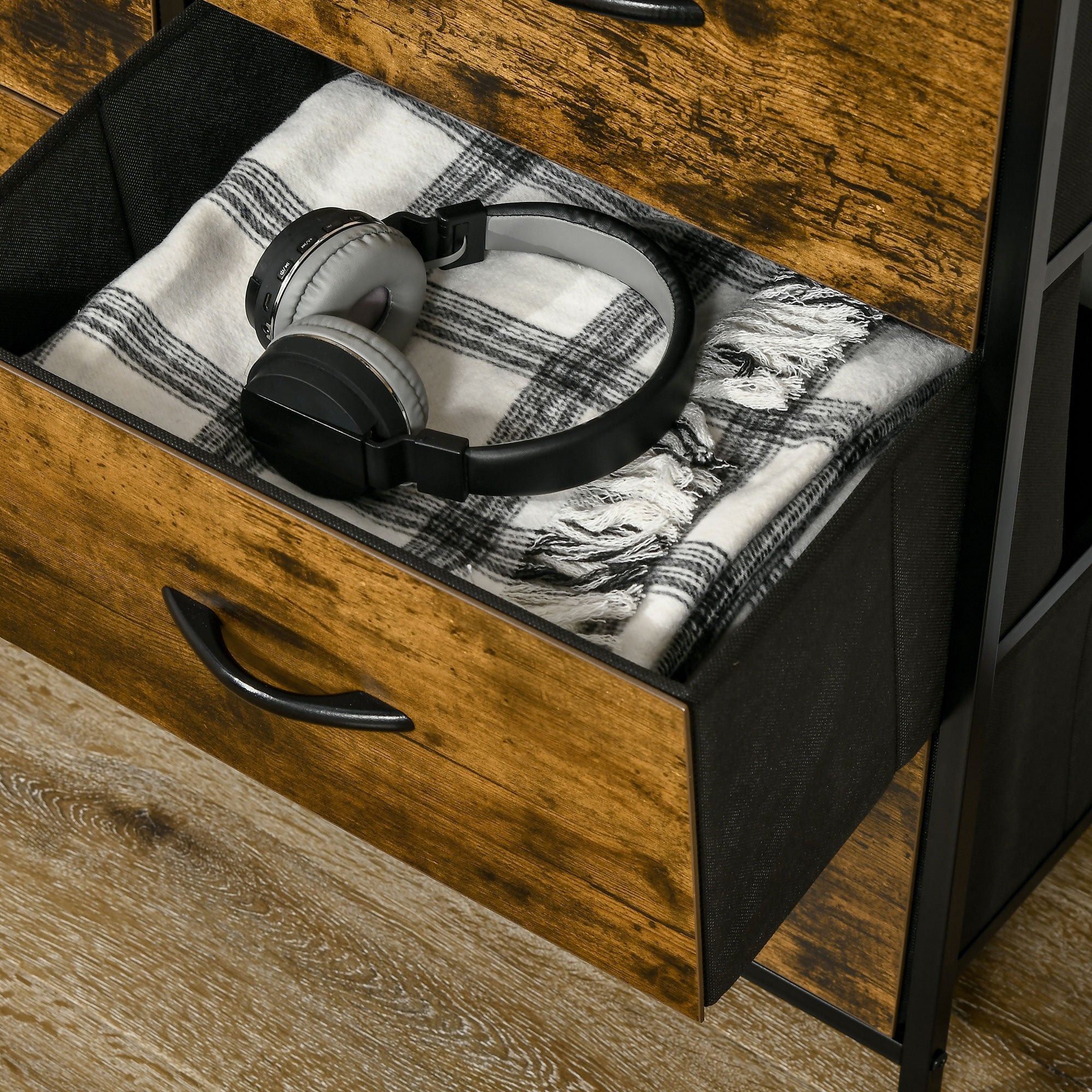 HOMCOM Bedroom Chest of Drawers, Industrial 5 Fabric Drawer Dresser with Open Shelf for Living Room, Rustic Brown - North Peak Garden Furniture