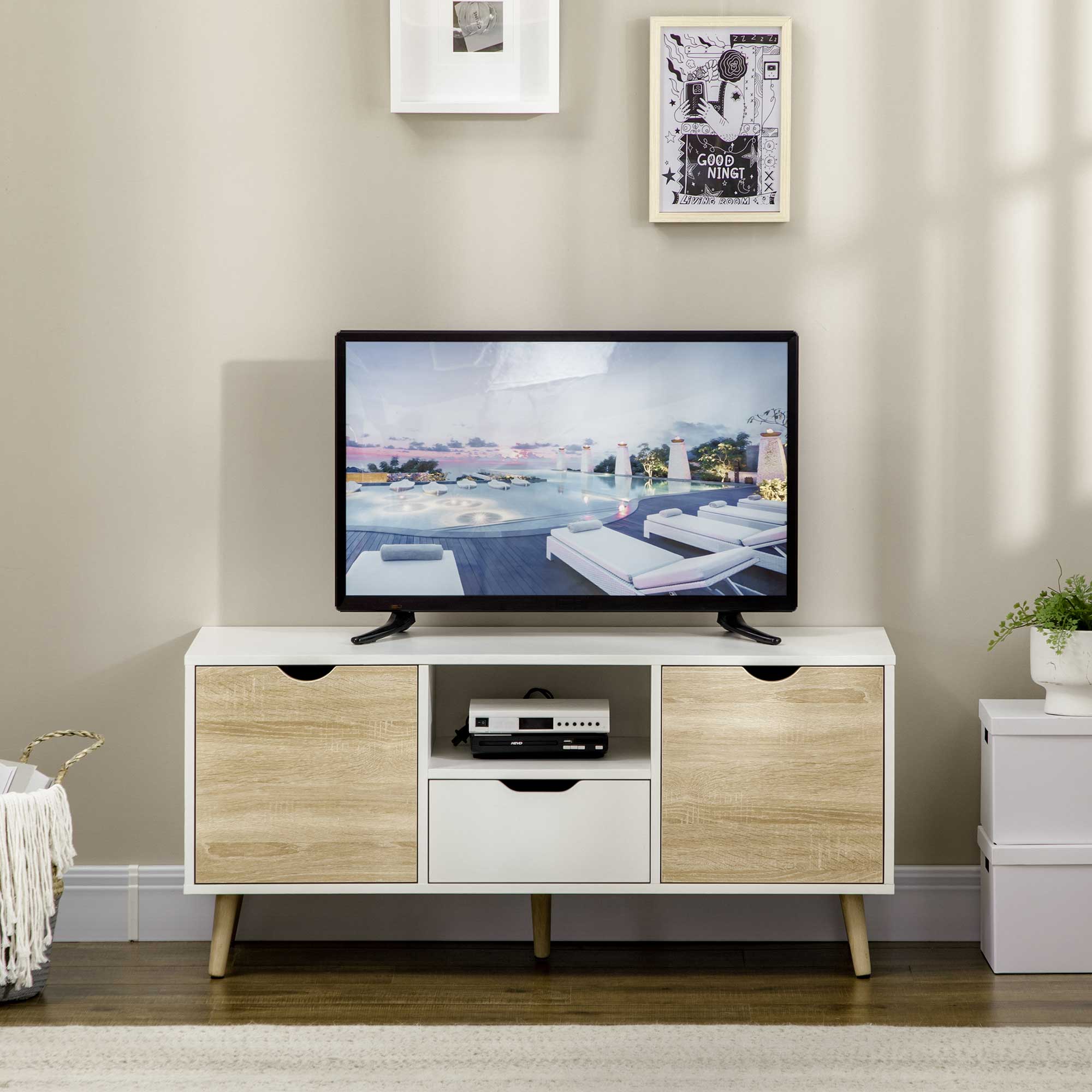 HOMCOM TV Unit Cabinet for TVs up to 50 Inches, TV Stand with Storage Cabinets and Drawer for Living Room and Bedroom, Natural - North Peak Garden Furniture