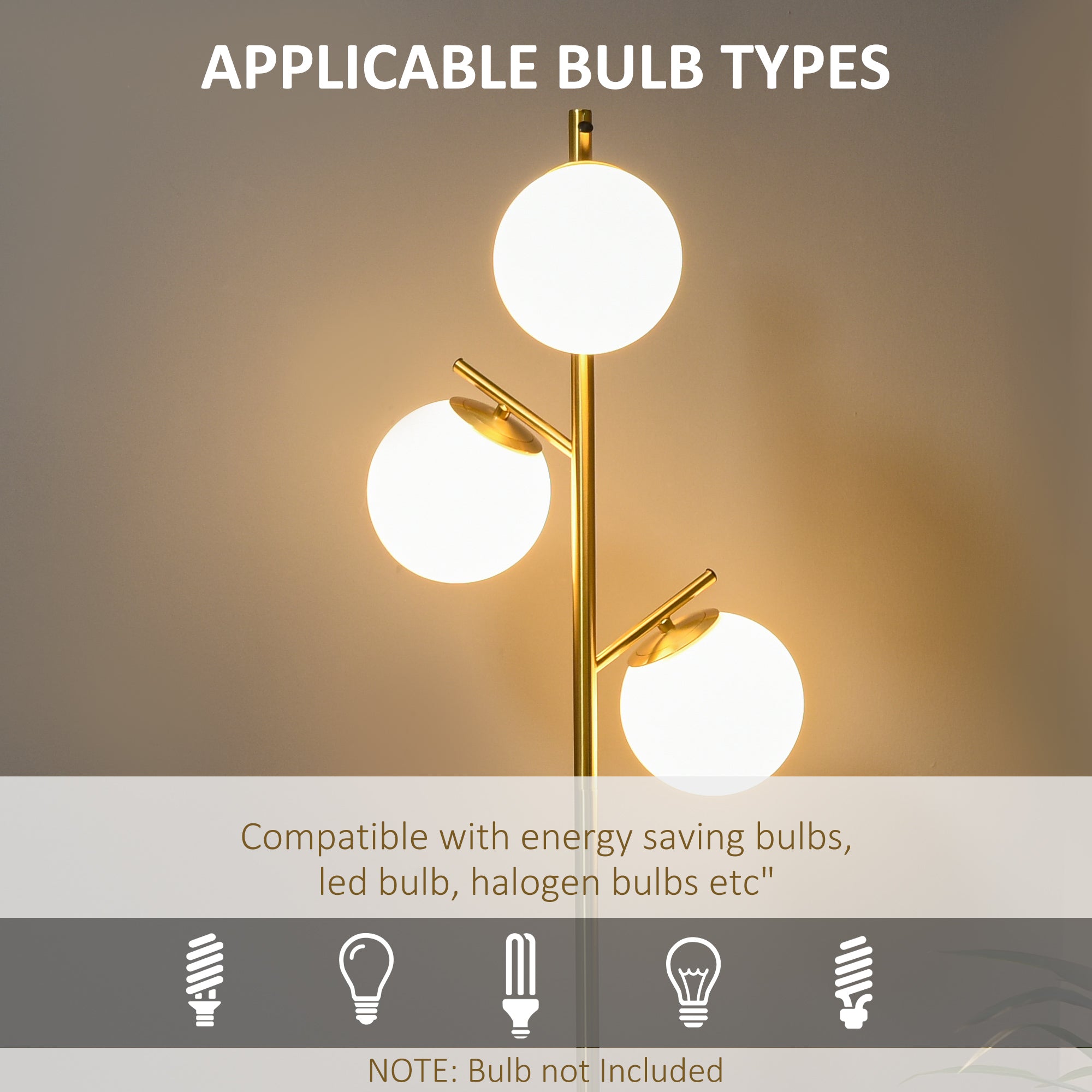 HOMCOM 3-Light Tree Floor Lamps for Living Room, Modern Standing Lamp for Bedroom with Globe Lampshade, Steel Base, Bulb not Included, Gold Tone - North Peak Garden Furniture