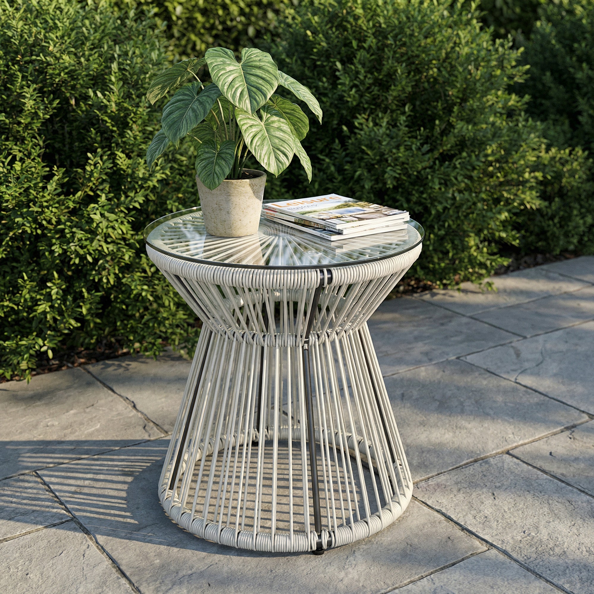 Outsunny Rattan Outdoor Coffee Table, PE Rattan Wicker Bistro Side Table with Tempered Glass Top, Light Grey