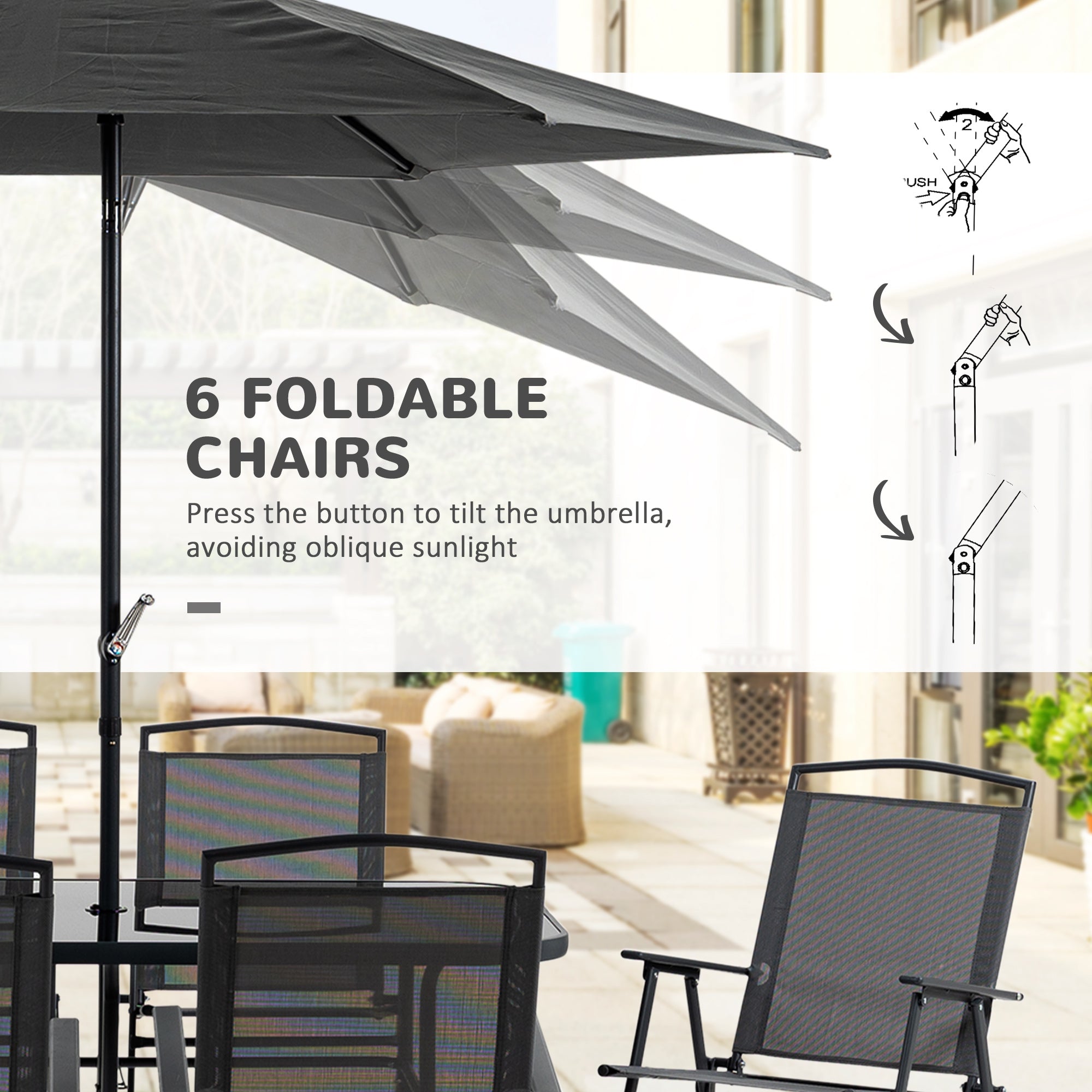 Outsunny Eight-Piece Garden Dining Set, with Chairs, Table and Parasol - Black - North Peak Garden Furniture