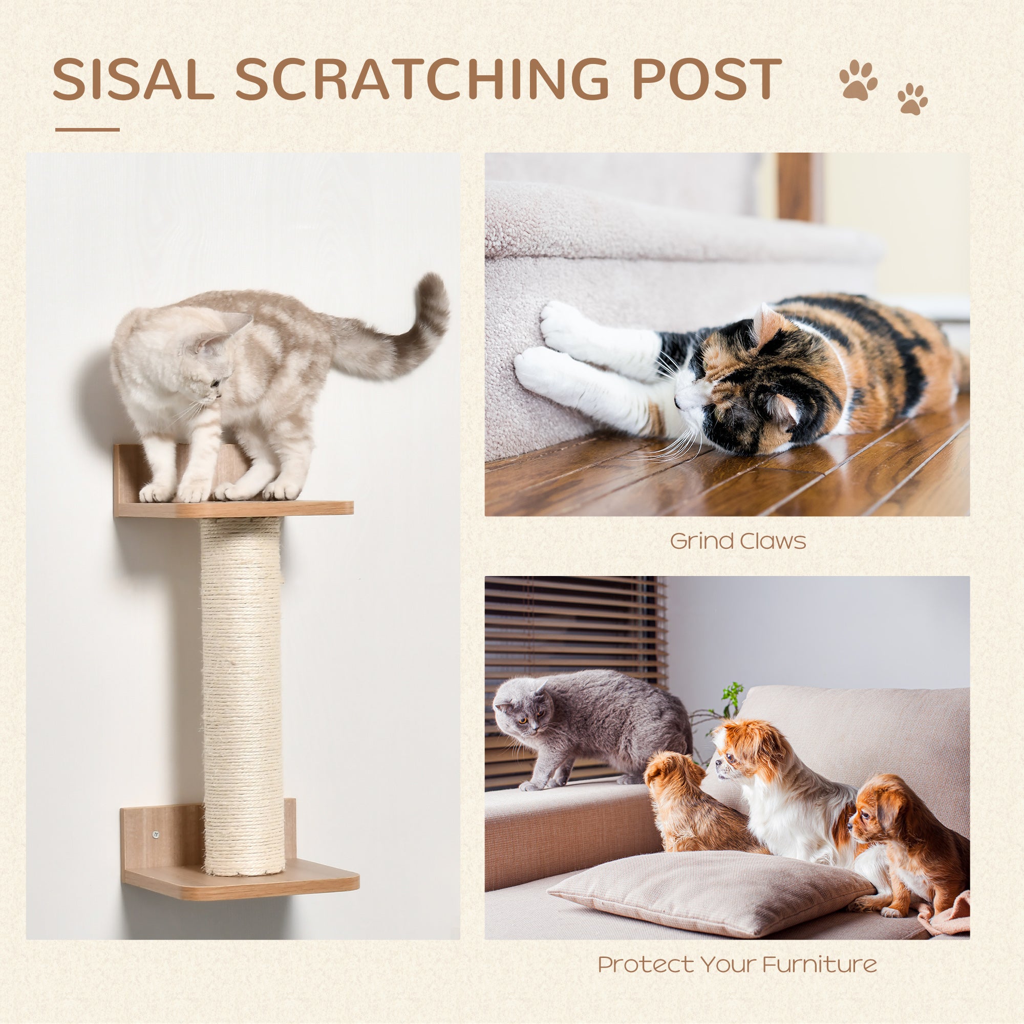 PawHut 4PCs Wall-mounted Cats Climbing Shelf Set Cat Tree Kitten Perch Activity Center with Hammock Scratching Post Jumping Platform Brown - North Peak Garden Furniture