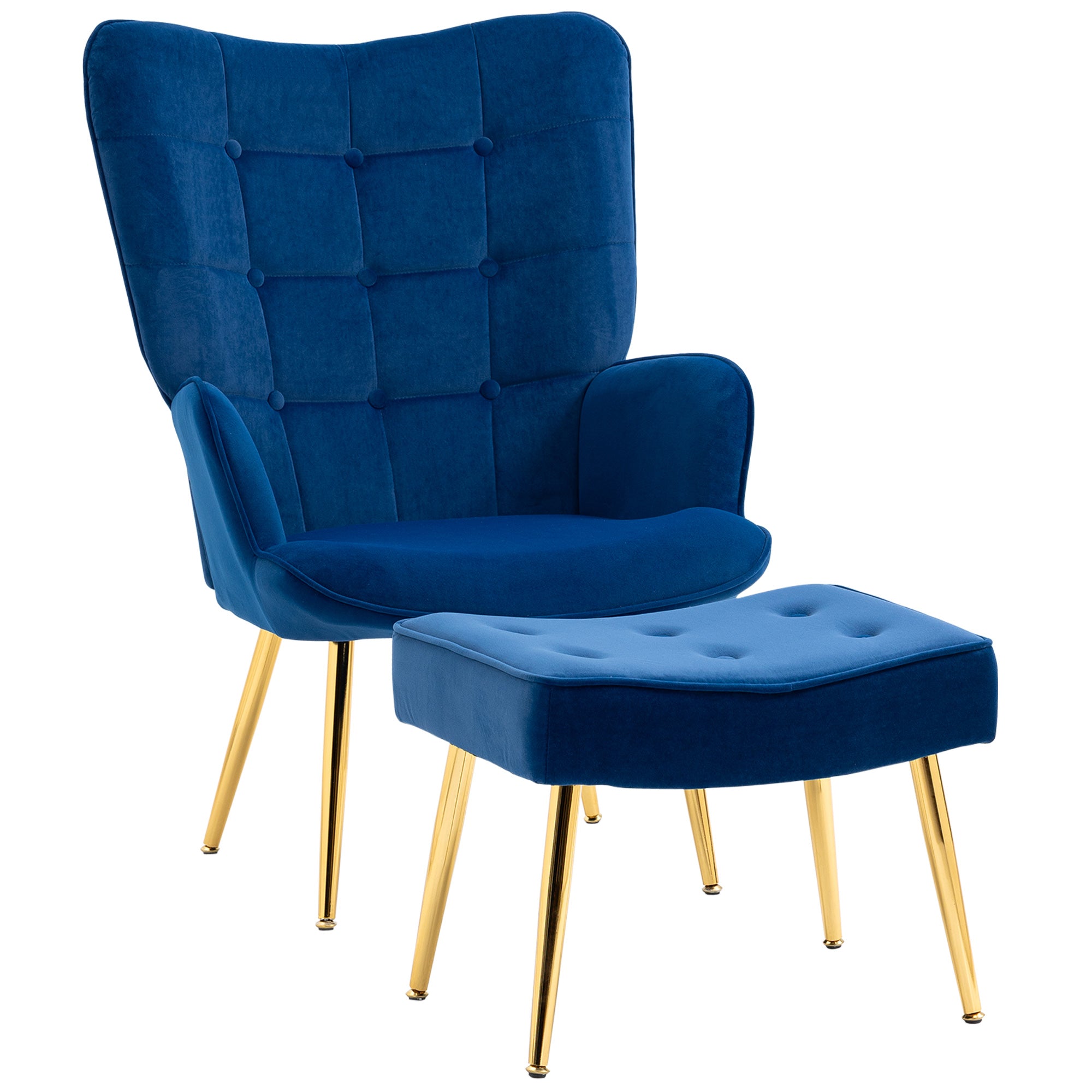 HOMCOM Modern Armchair with Footstool, Upholstered Accent Chair with Ottoman, Steel Legs, Velvet Wingback Chair for Living Room, Bedroom, Home Study, Dark Blue - North Peak Garden Furniture