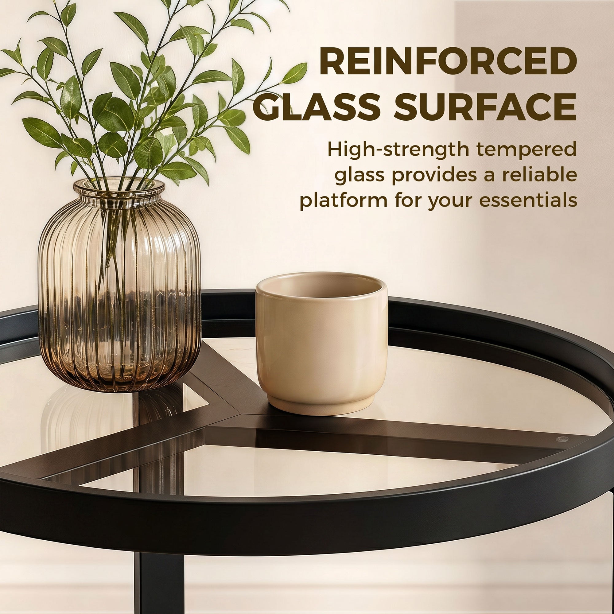 HOMCOM Round Side Table with Tempered Glass Top and Geometric Metal Frame for Small Space, Black