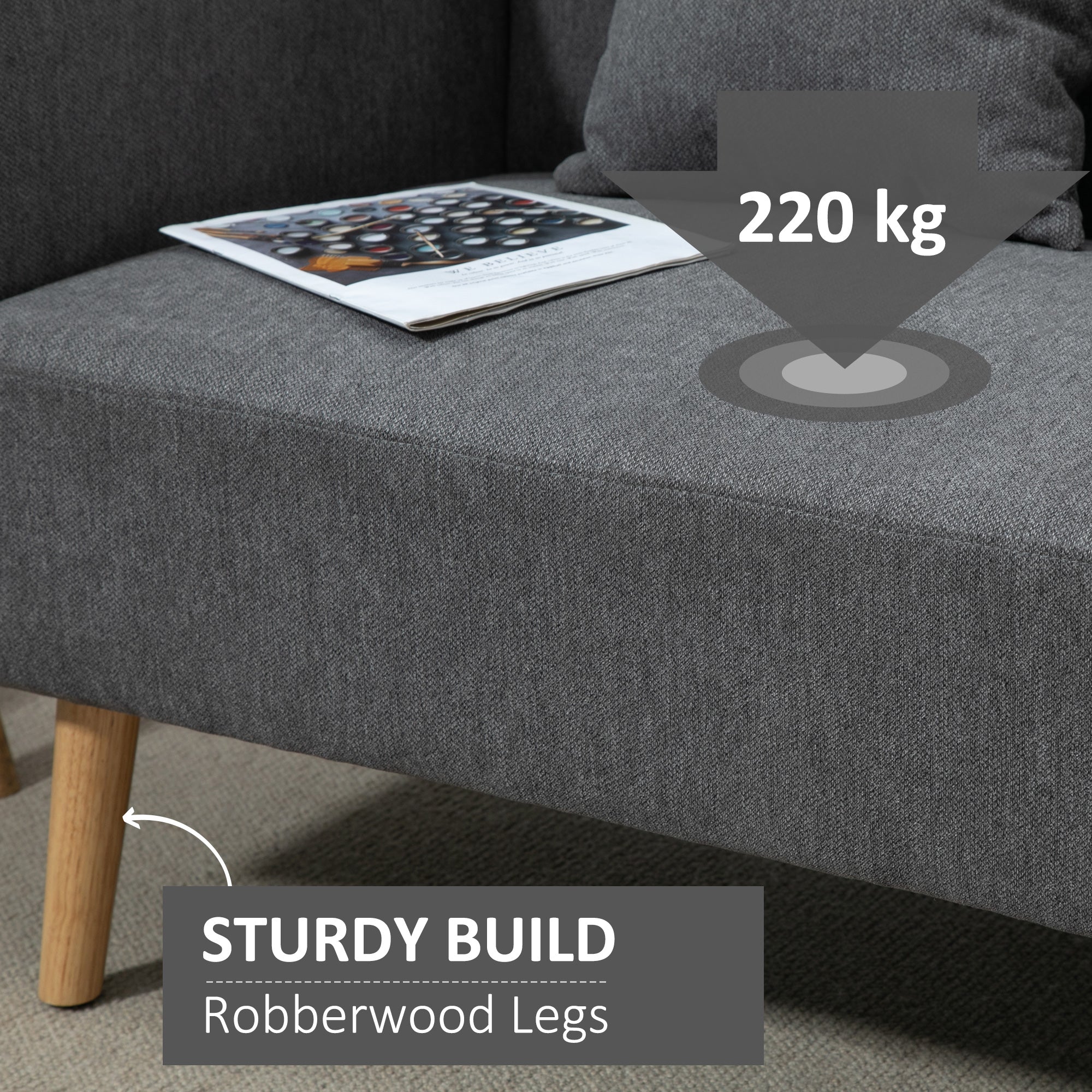 HOMCOM 2 Seater Sofa, Modern Fabric Loveseat Sofa, Small Couch with 2 Pillows, Armrest and Wood Legs for Living Room, Bedroom, Home Office, Grey - North Peak Garden Furniture
