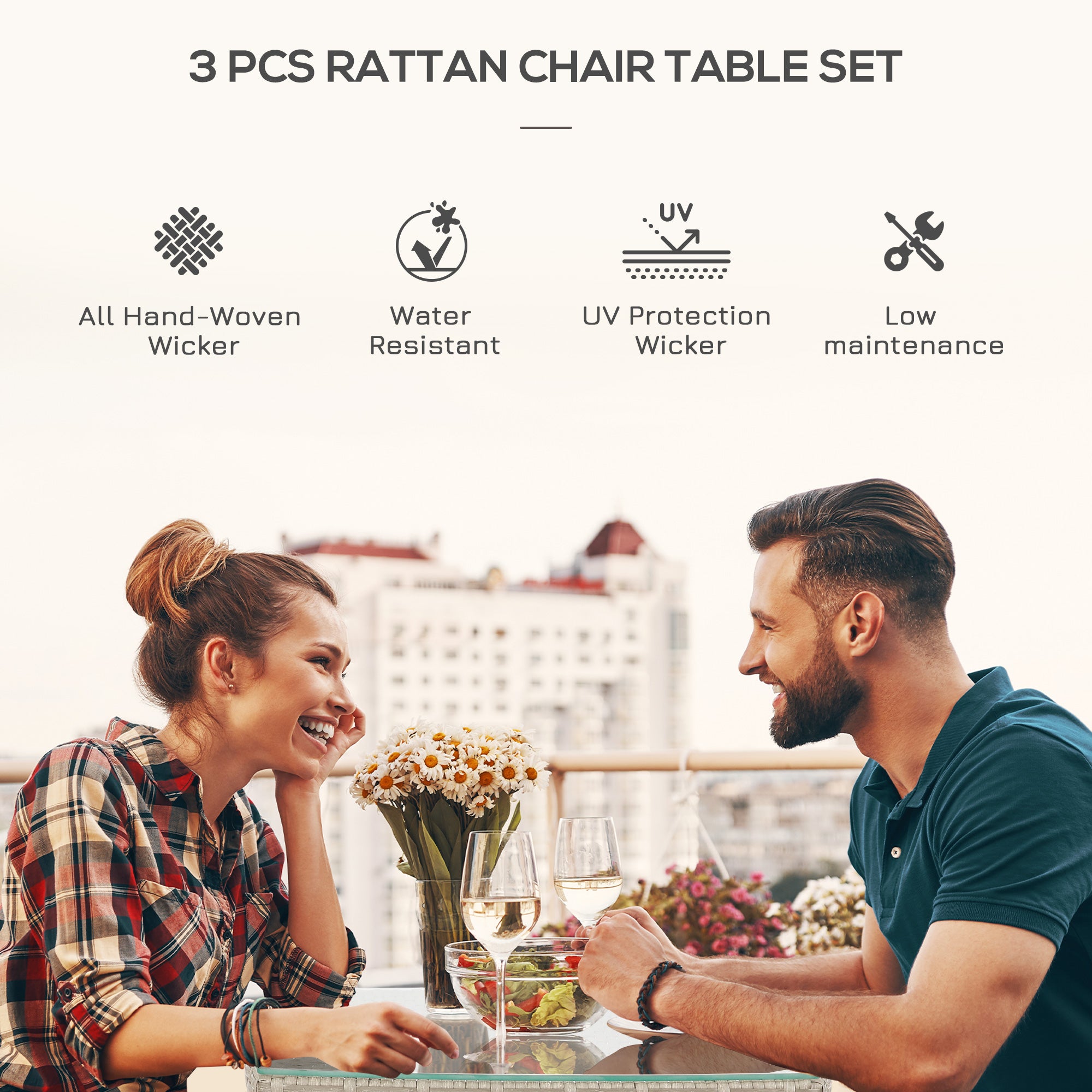 Outsunny 3 Pieces Rattan Bistro Set, Wicker Garden Furniture Set with 2-Tier Coffee Table and Chairs, Washable Cushions, for Outdoor Patio Balcony, Grey - North Peak Garden Furniture