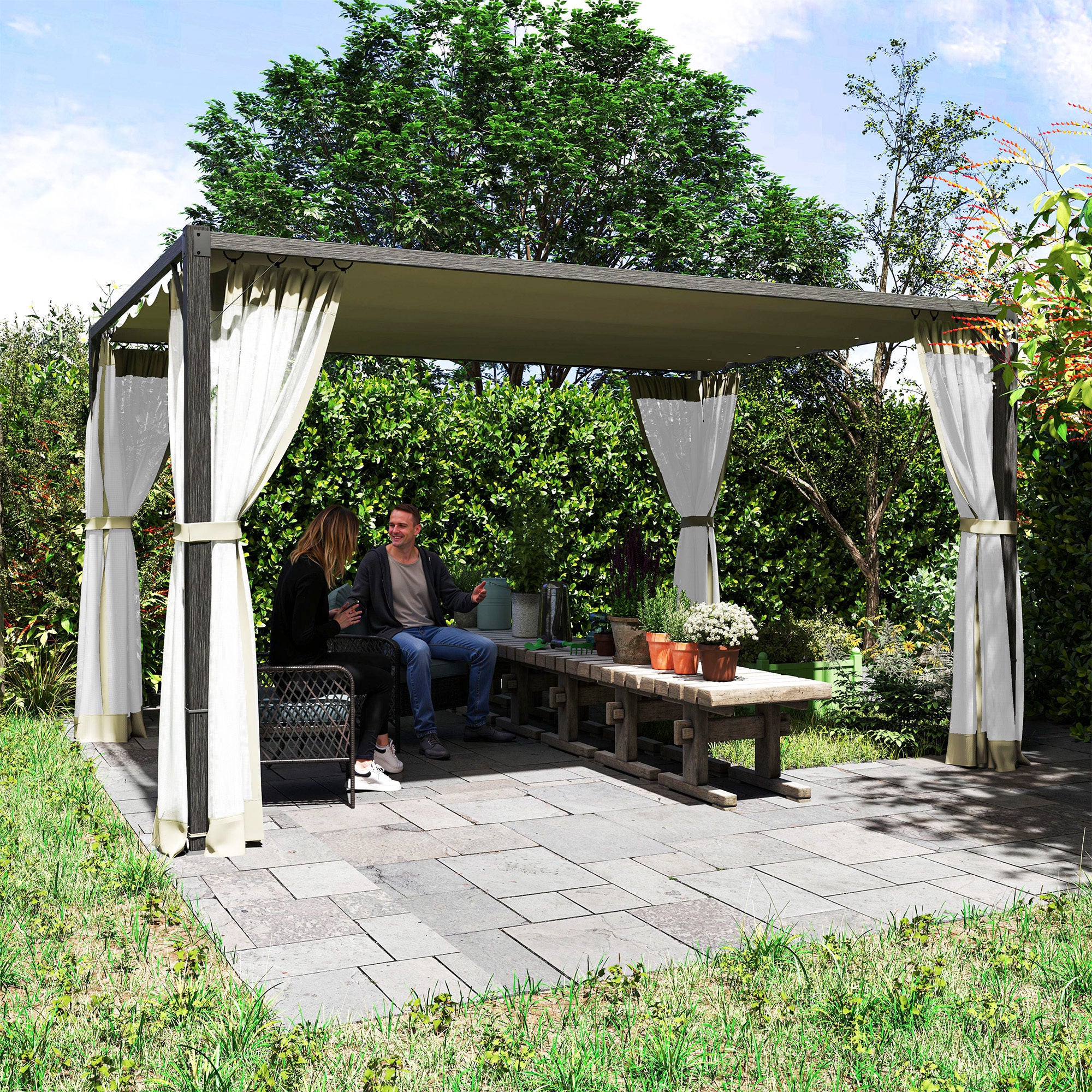 Outsunny 3 x 4m Aluminium Frame Pergola, with Retractable Roof - Khaki - North Peak Garden Furniture