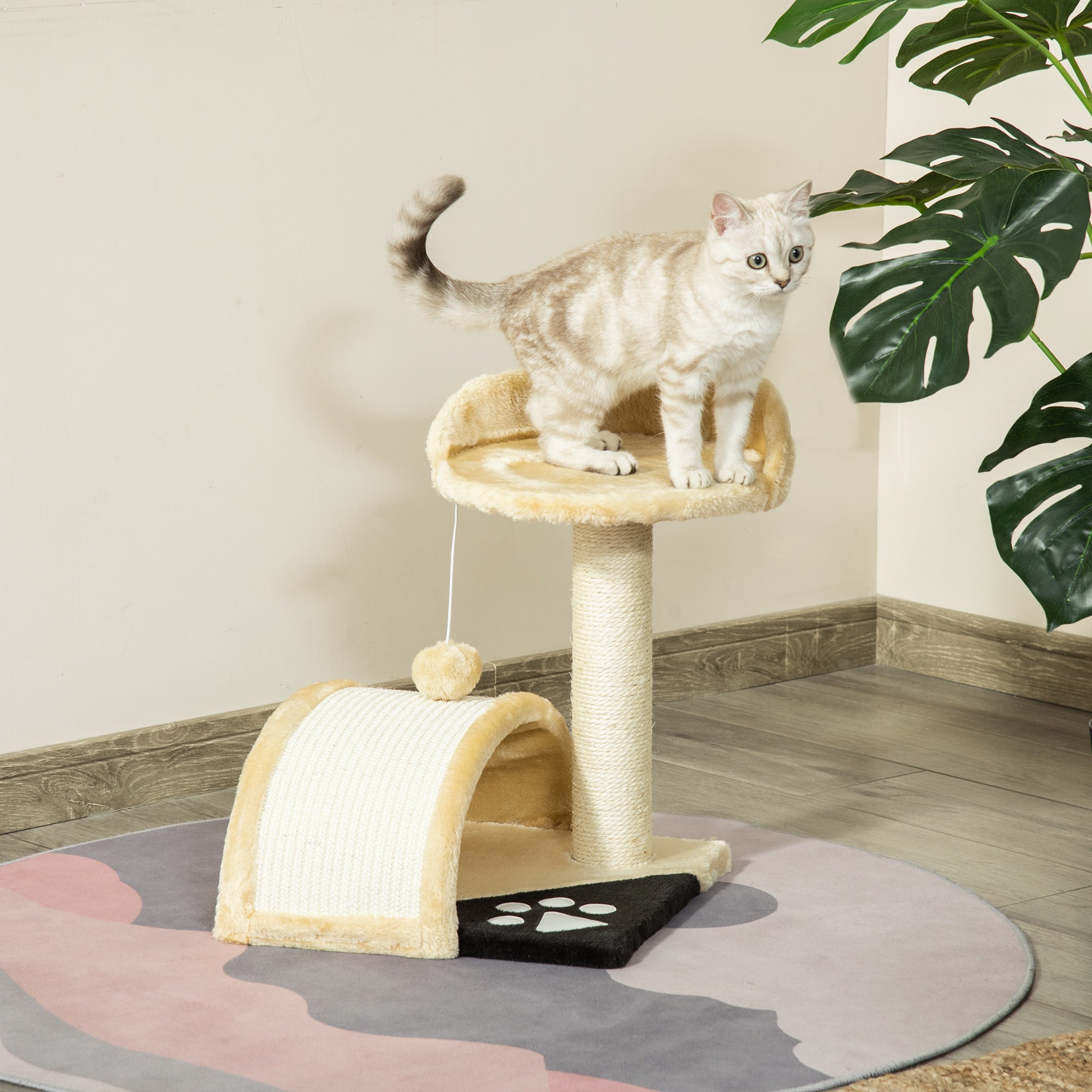 PawHut Cat Tree Scratching Scratcher Post Kitten Activity Centre Climber Hanging Ball Beige - North Peak Garden Furniture