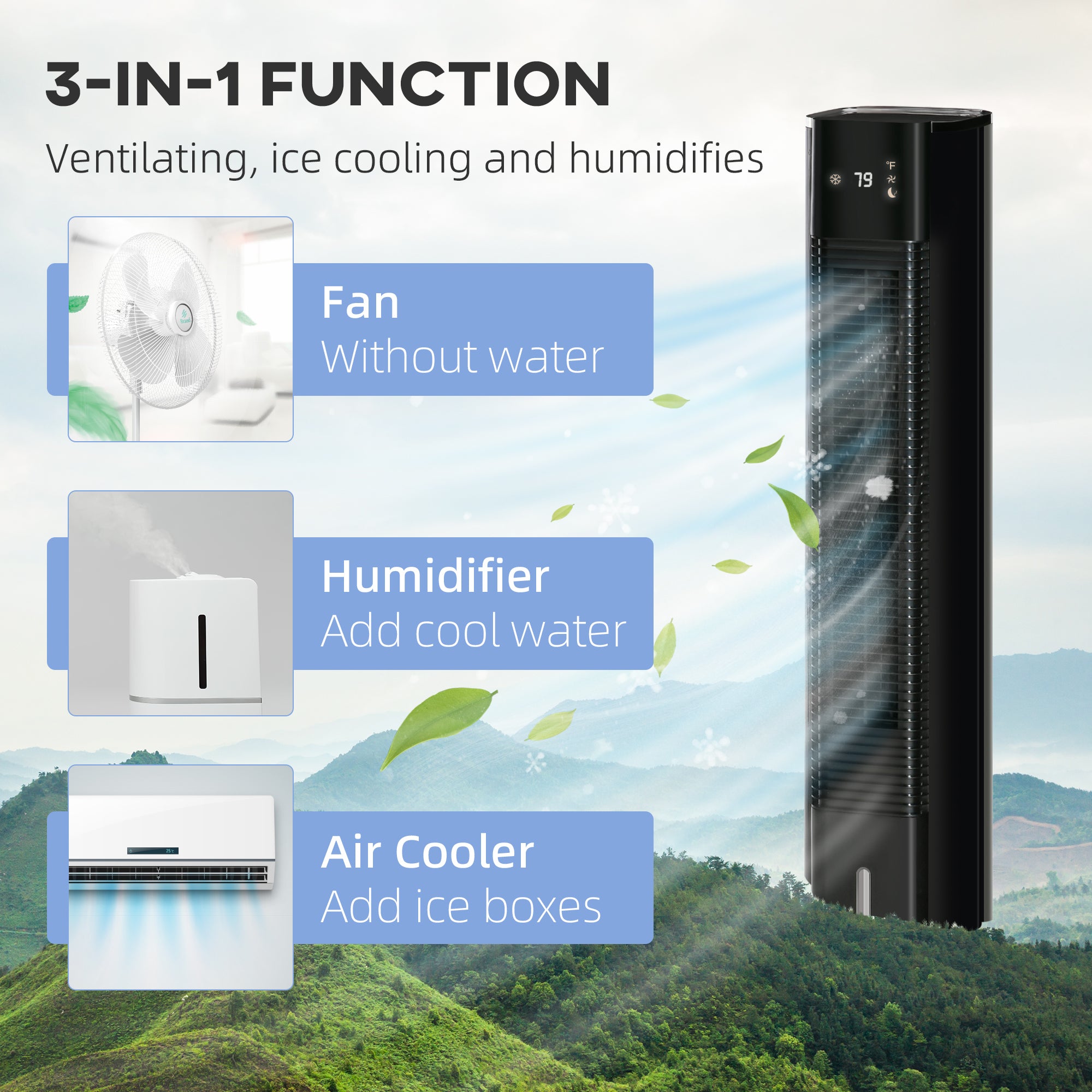 HOMCOM Nine Setting Tower Fan Humidifier, with Ice Boxes - Black - North Peak Garden Furniture