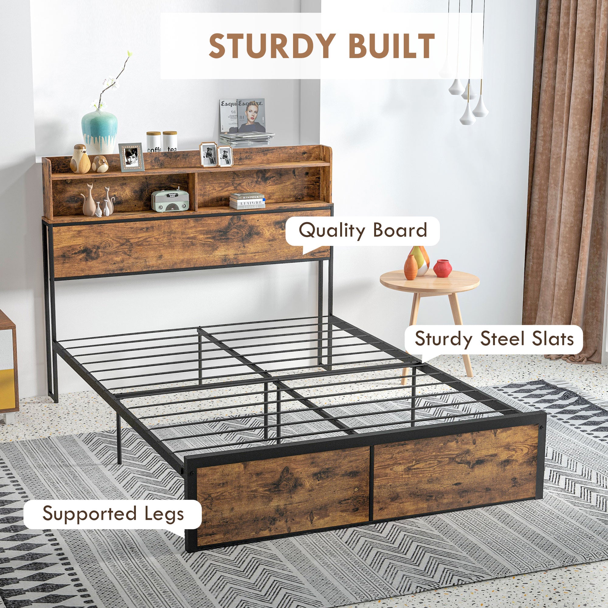 HOMCOM Industrial Double Bed Frame, 4.8FT Steel Bed Base with Storage Headboard, Footboard, Slatted Support and Under Bed Storage, 145 x 209cm, Rustic Brown - North Peak Garden Furniture