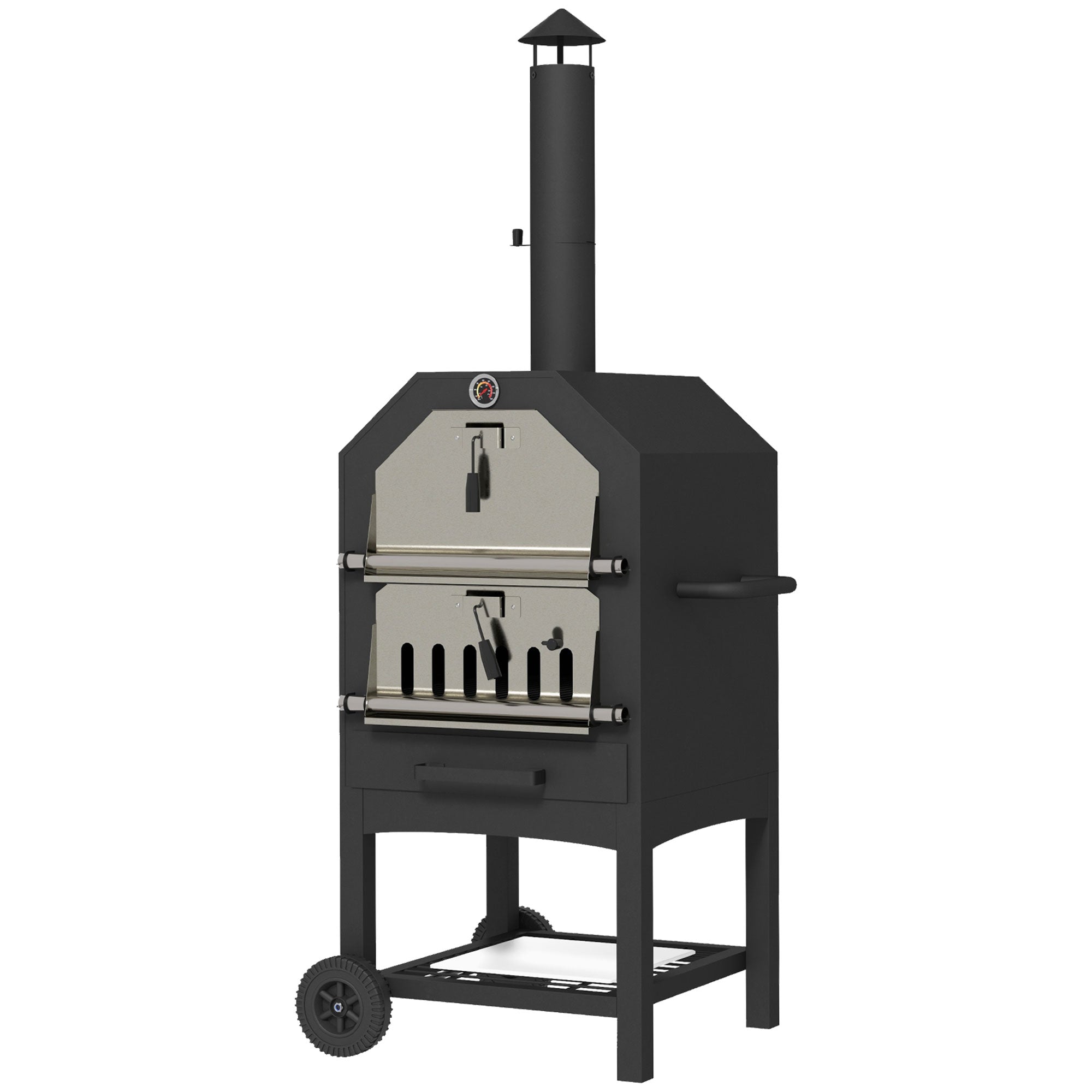 Outsunny Steel 3-Tier Outdoor Pizza Oven Charcoal BBQ Grill, Black - North Peak Garden Furniture