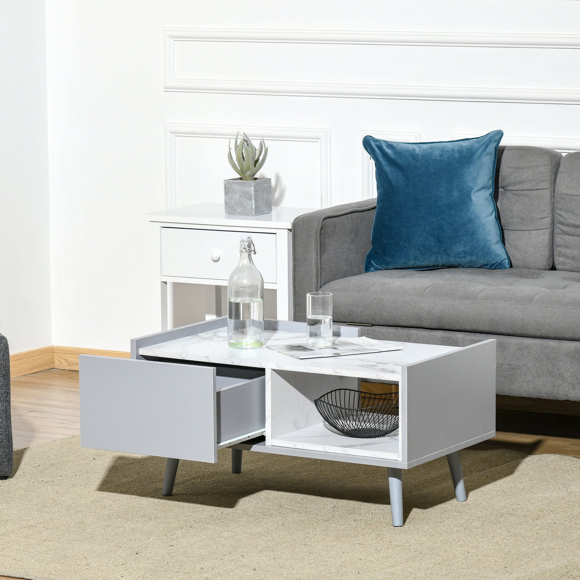 HOMCOM White Coffee Table with Faux Marble Top, 2-Tier Wood Center Table Sofa Table with Storage Drawer and Shelf for Home Living Room Reception Room - North Peak Garden Furniture