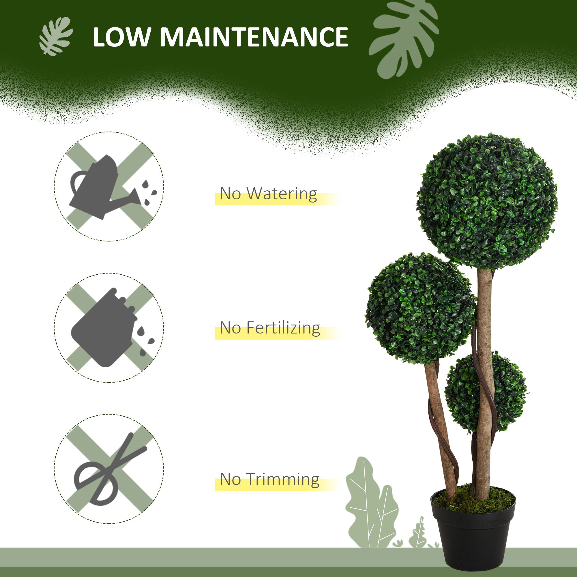 HOMCOM Decorative Artificial Plants Set of 2, Boxwood Ball Topiary Trees in Pot Fake Plants for Home Indoor Outdoor Decor, 90 cm, Dark Green