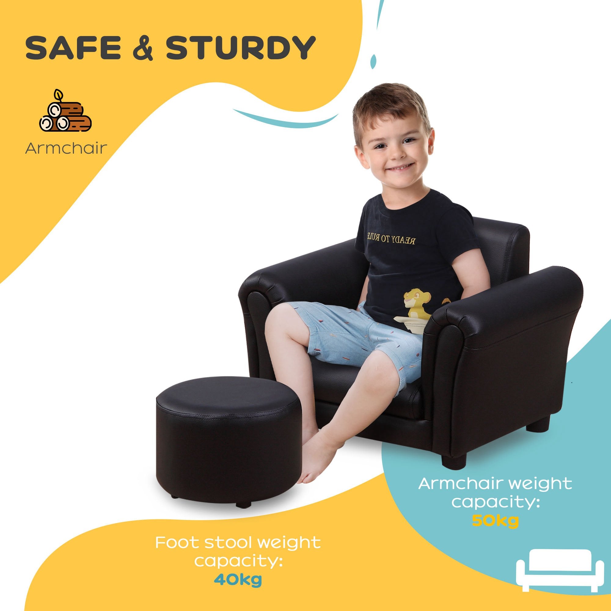 HOMCOM Toddler Chair Single Seater Kids Sofa Set, 54 x 42 x 41cm, Kids Sofa with Stool, Black - North Peak Garden Furniture