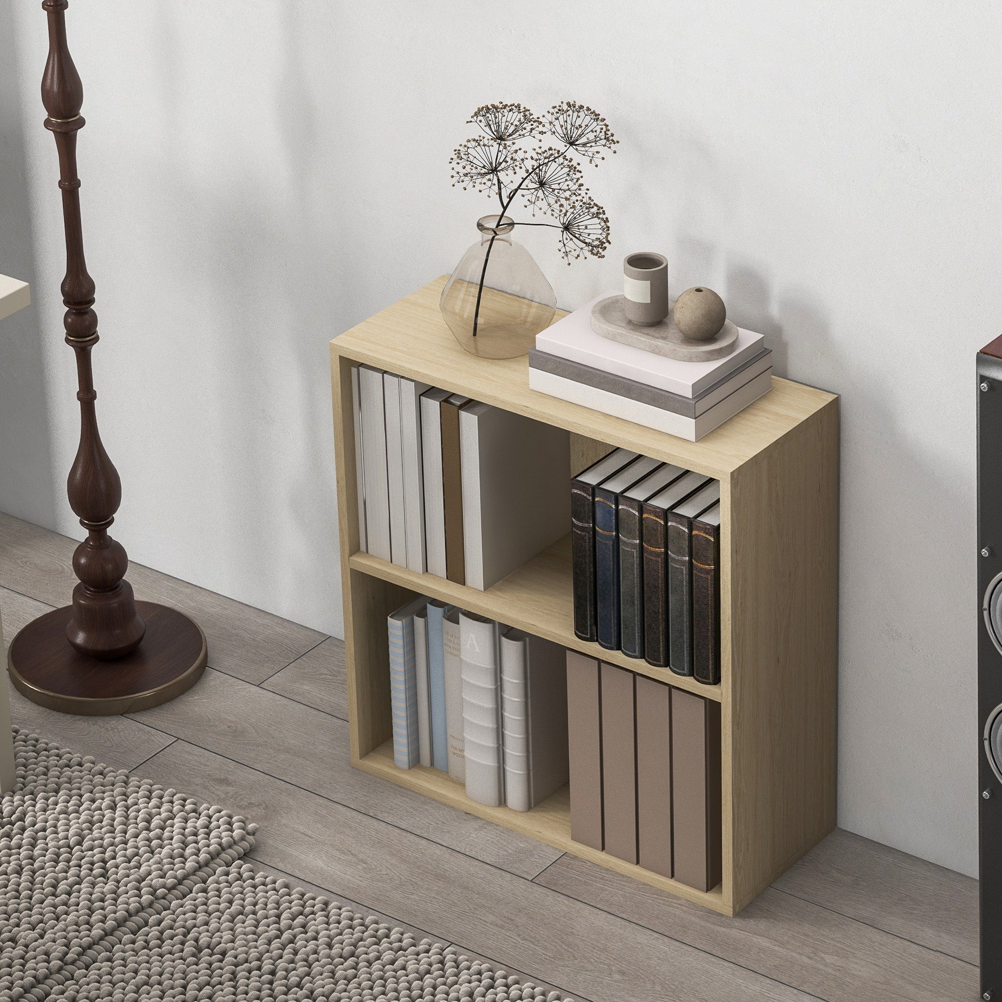 HOMCOM 2 Tier Bookshelf, Low Bookcase with Adjustable Shelf, 2 Compartments for Home Office, Living Room, Study, Natural - North Peak Garden Furniture