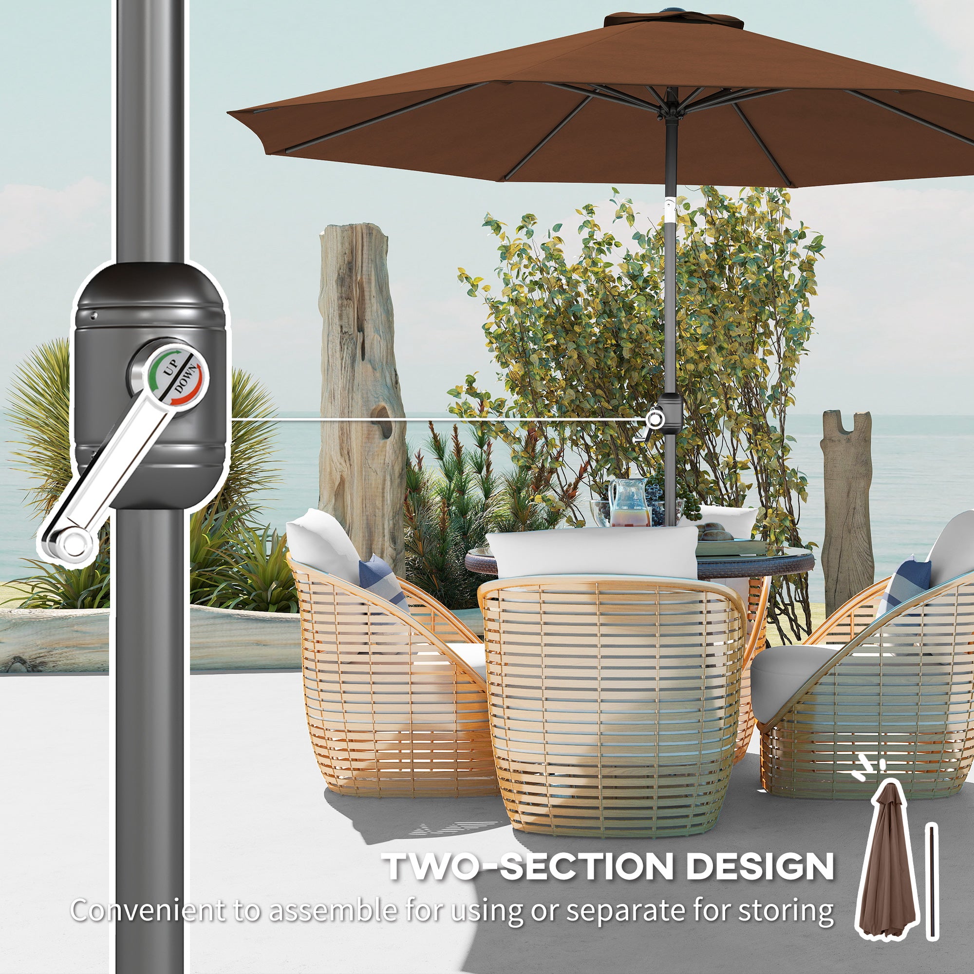 Outsunny 3(m) Tilting Parasol Garden Umbrellas, Outdoor Sun Shade with 8 Ribs, Tilt and Crank Handle for Balcony, Bench, Garden, Coffee