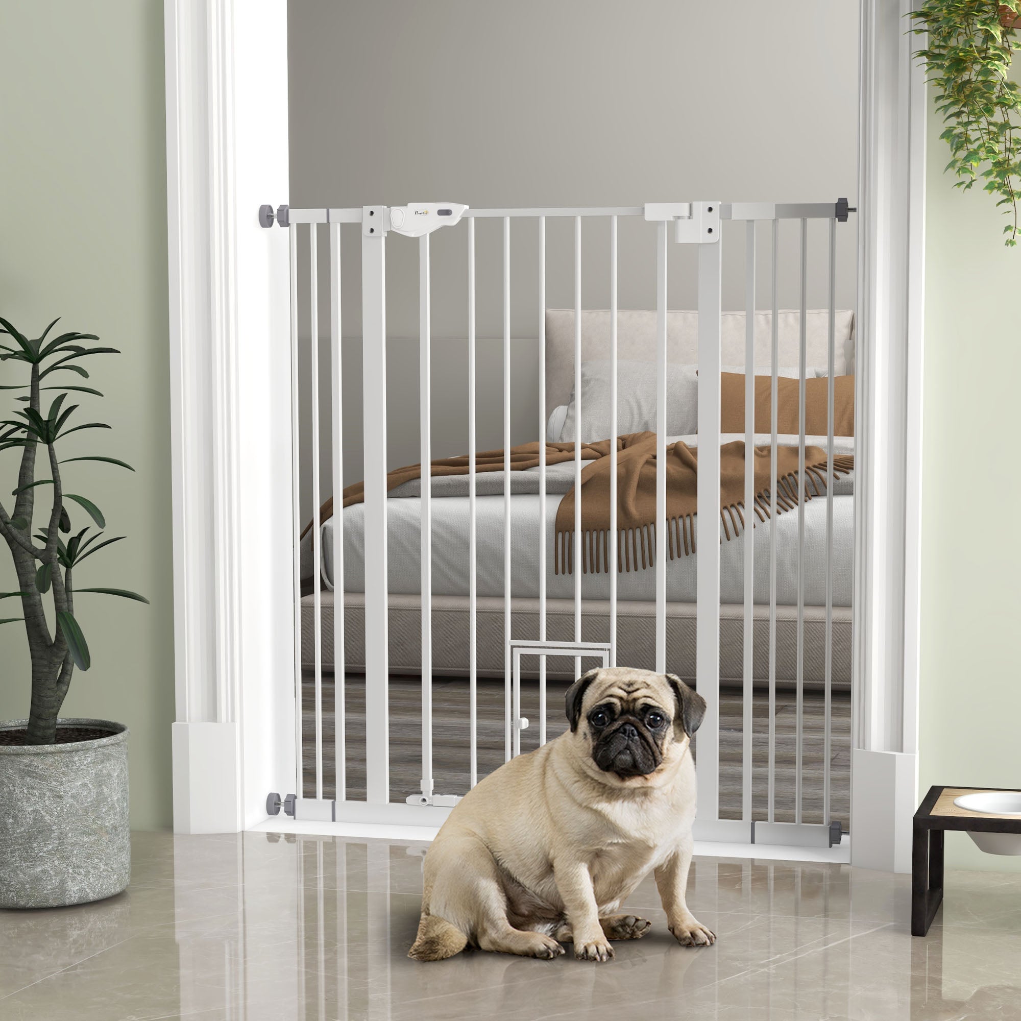 PawHut Extra Tall Pet Gate, Indoor Dog Safety Gate, with Cat Flap, Auto Close, 74-101cm Wide - White - North Peak Garden Furniture