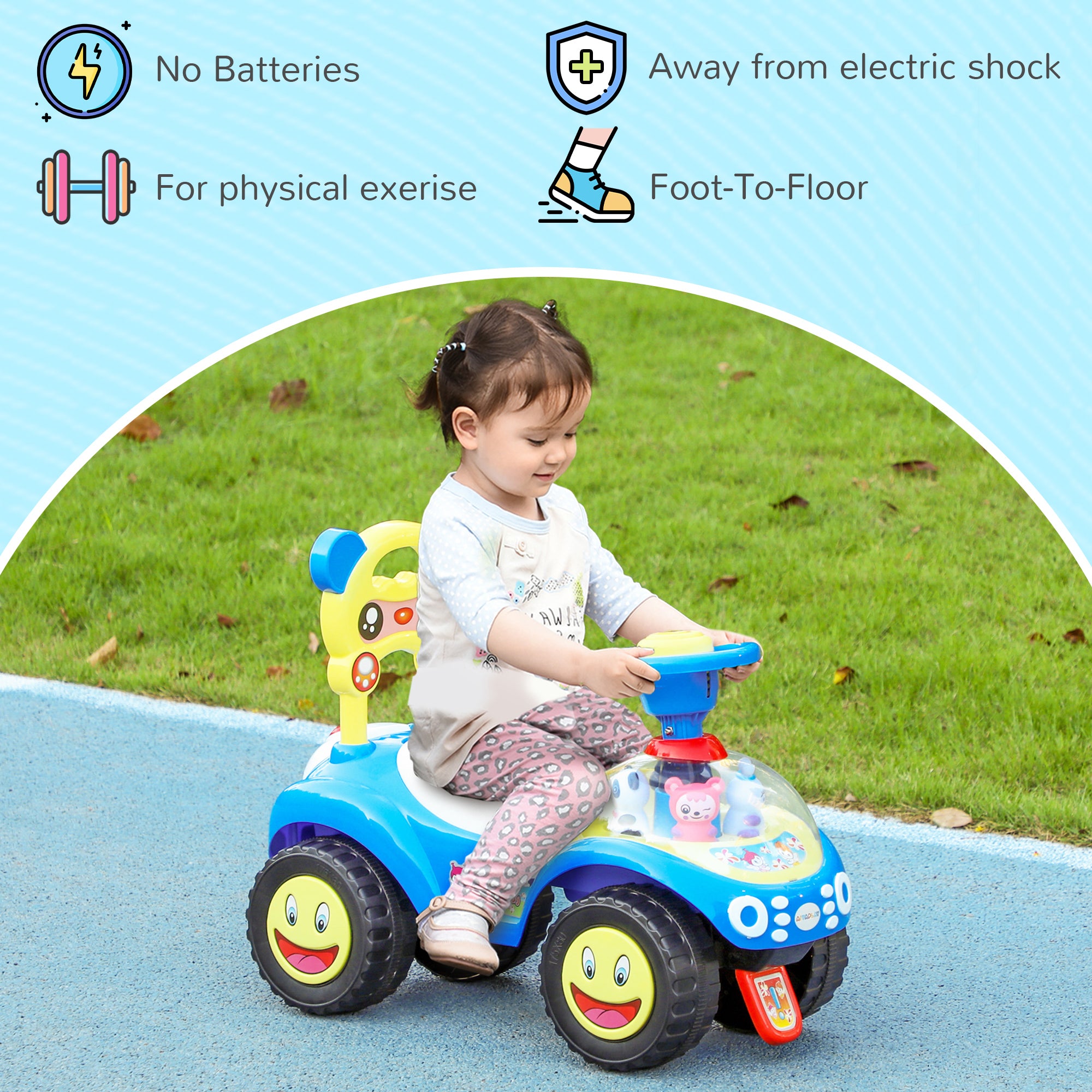 AIYAPLAY Foot to Floor oddler Ride on Toy w/ Music, Light, Horn, Under Seat Storage, Anti-Over-Backwards Device, Blue