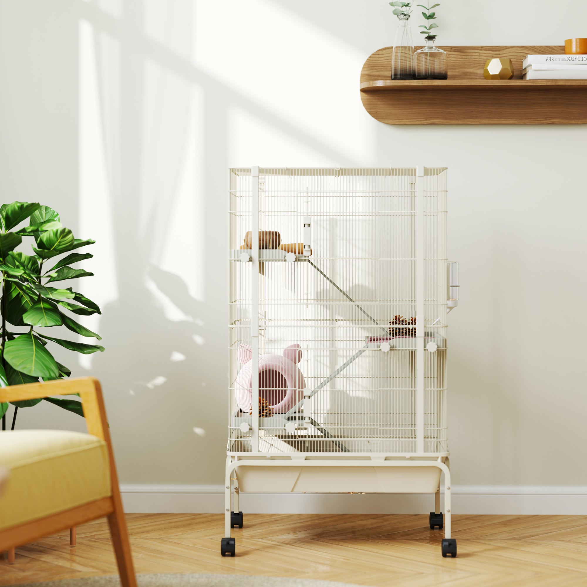 PawHut 4 Levels Rolling Small Animal Cage, Rabbit Cage with 3 Ramps, Water Bottle, Food Dish, 15cm Deep Tray, Beige - North Peak Garden Furniture