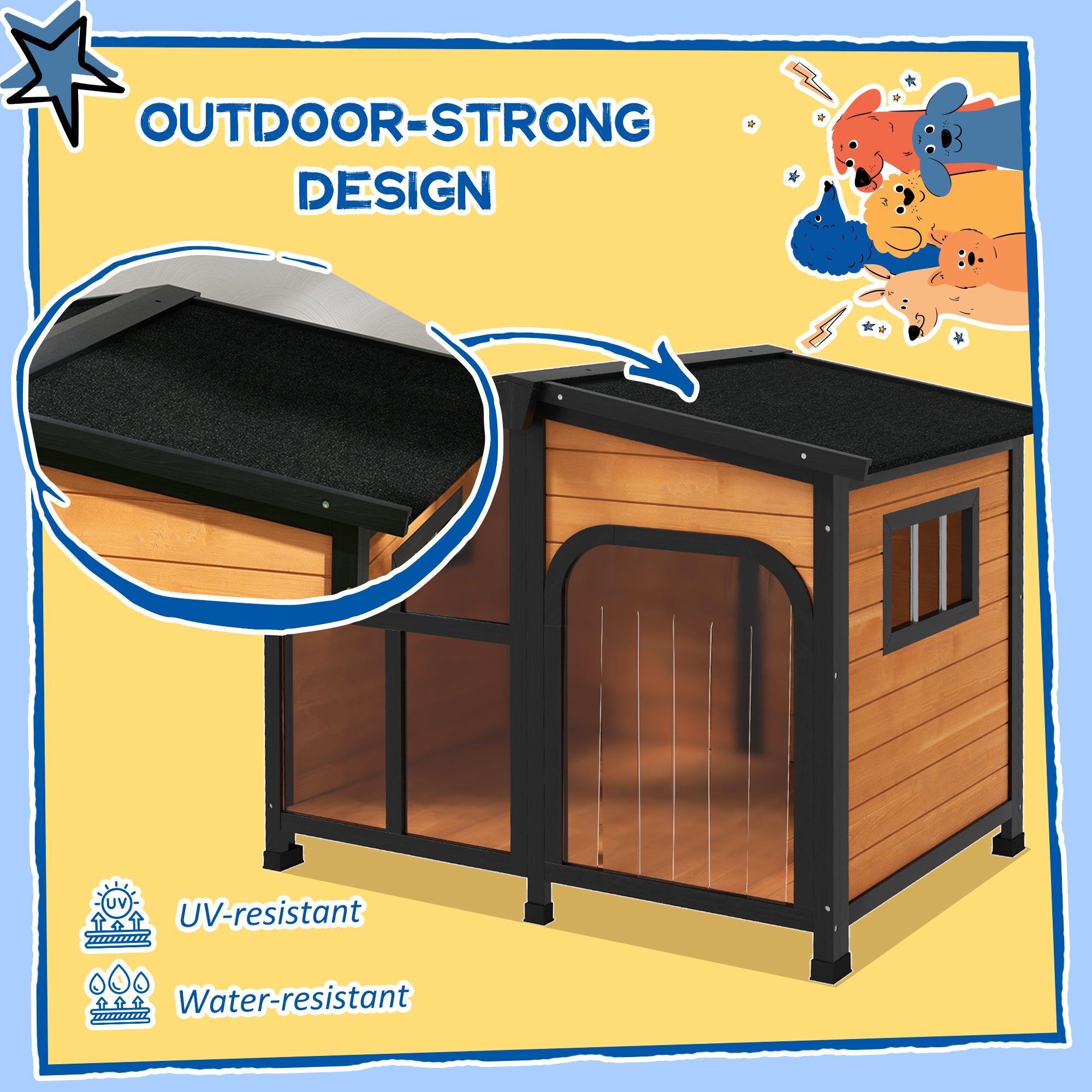 PawHut Wooden Dog Kennel with Removable Floor, Asphalt and Openable Roof, Giant Window for Large Dogs, Yellow