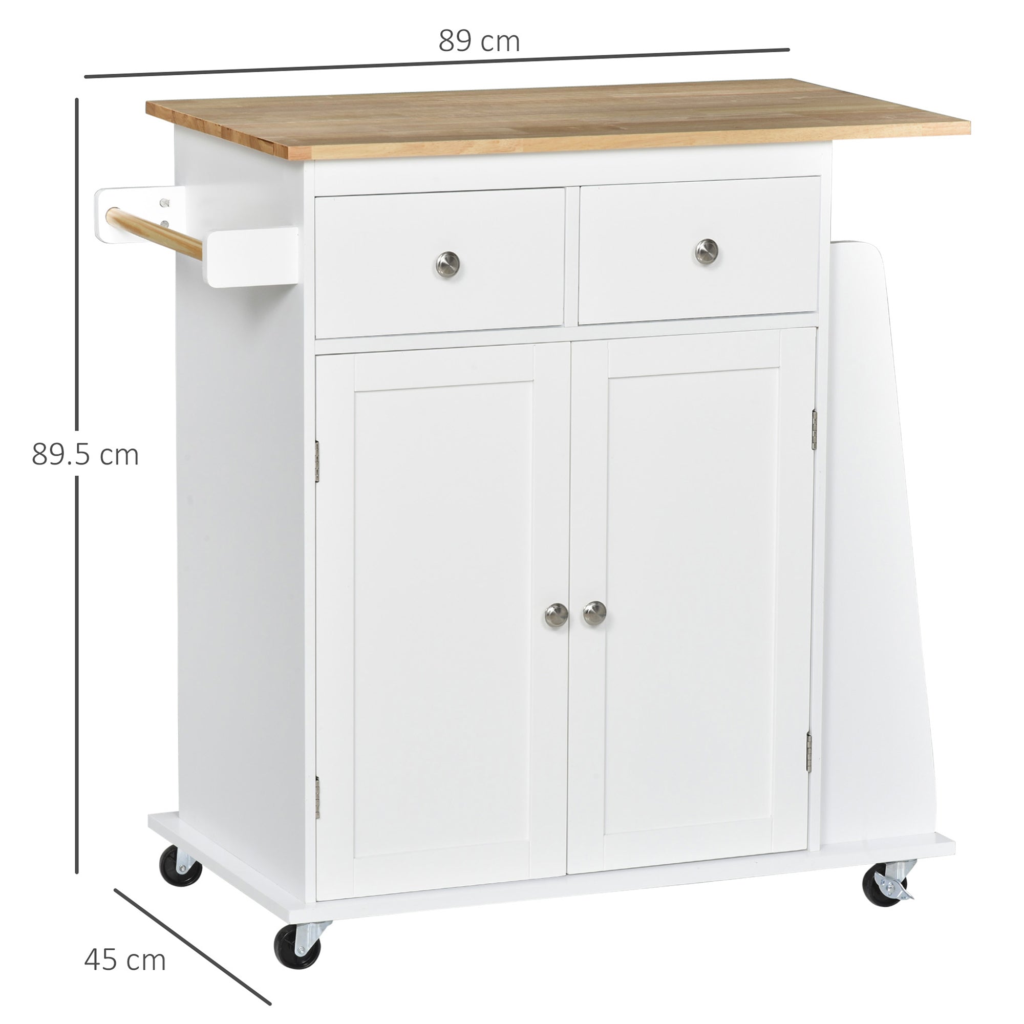 HOMCOM Kitchen Island Storage Cabinet Rolling Trolley with Rubber Wood Top, 3-Tier Spice Rack, Large Cabinet & Drawers - North Peak Garden Furniture