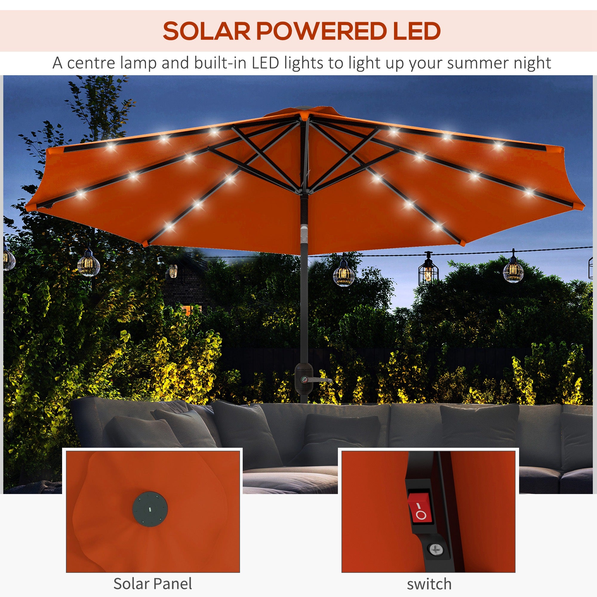 Outsunny 2.7m Outdoor Patio Garden Umbrella Parasol with Tilt Crank and 24 LEDs Lights, Orange - North Peak Garden Furniture