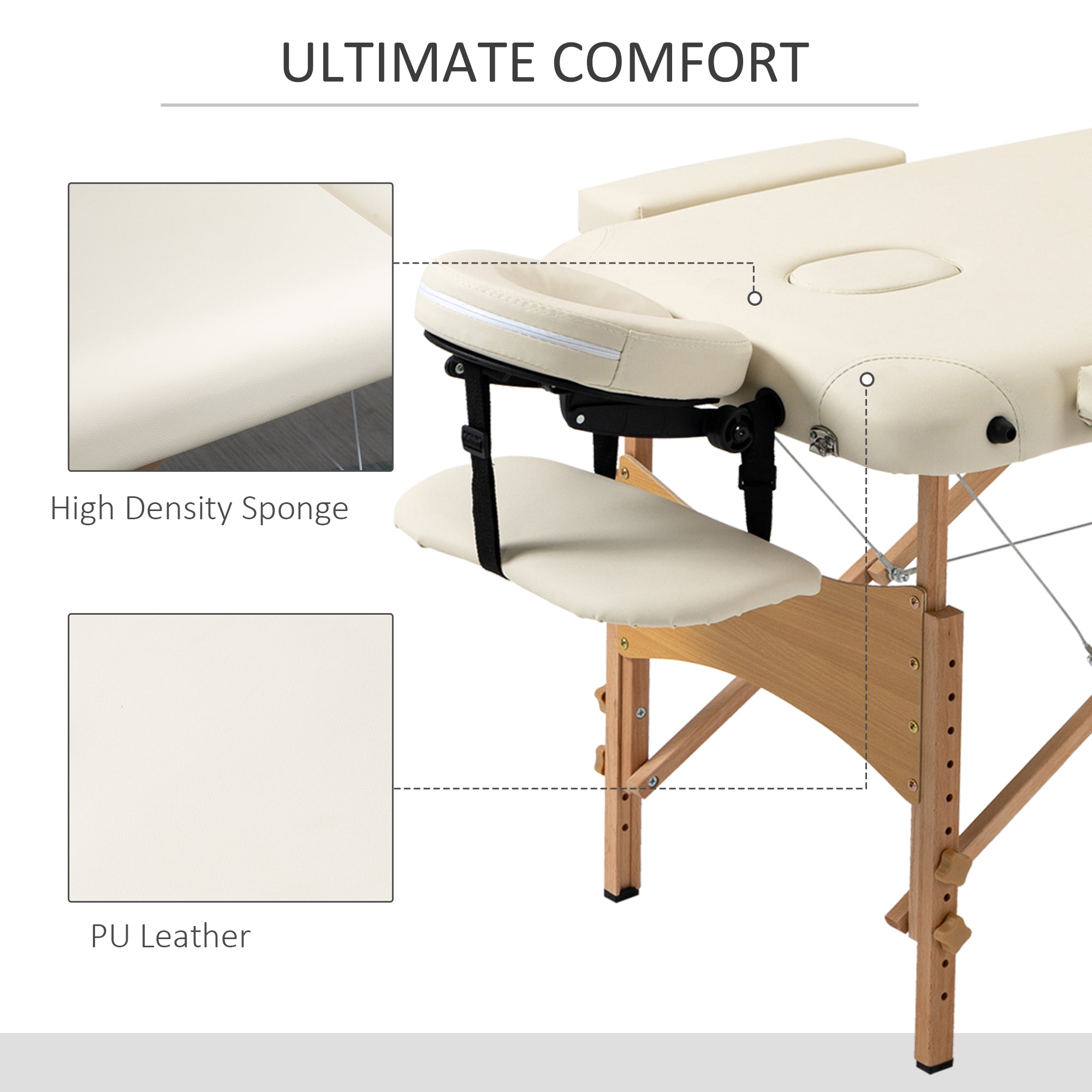 HOMCOM Portable Massage Bed, Folding Spa Beauty Massage Table with 2 Sections, Carry Bag and Wooden Frame, Cream - North Peak Garden Furniture